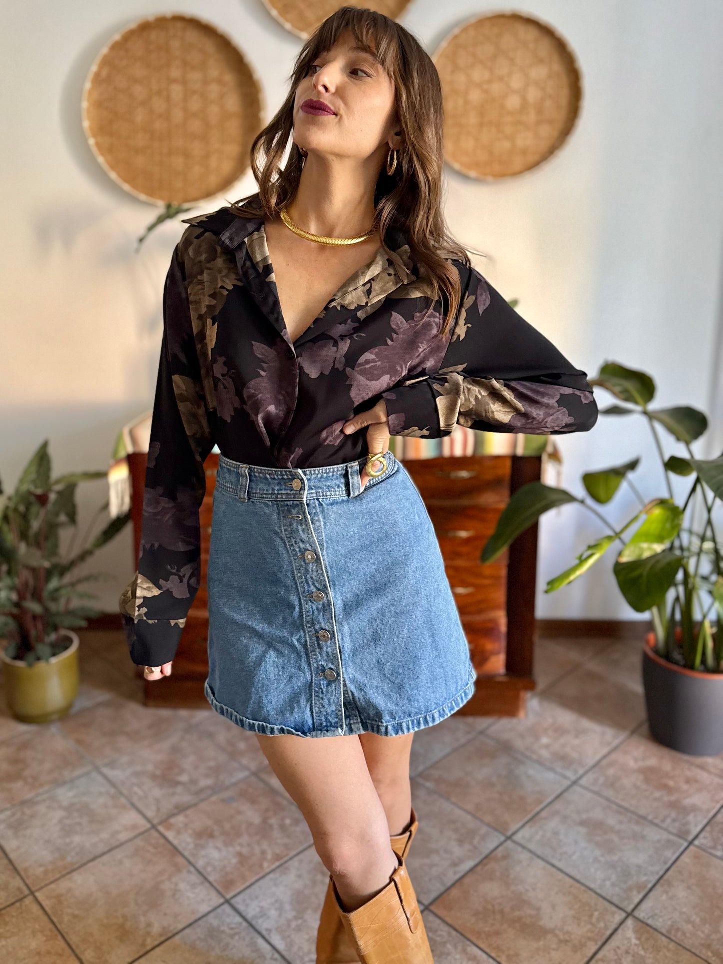 1990's vintage black blouse with purple and beige floral print