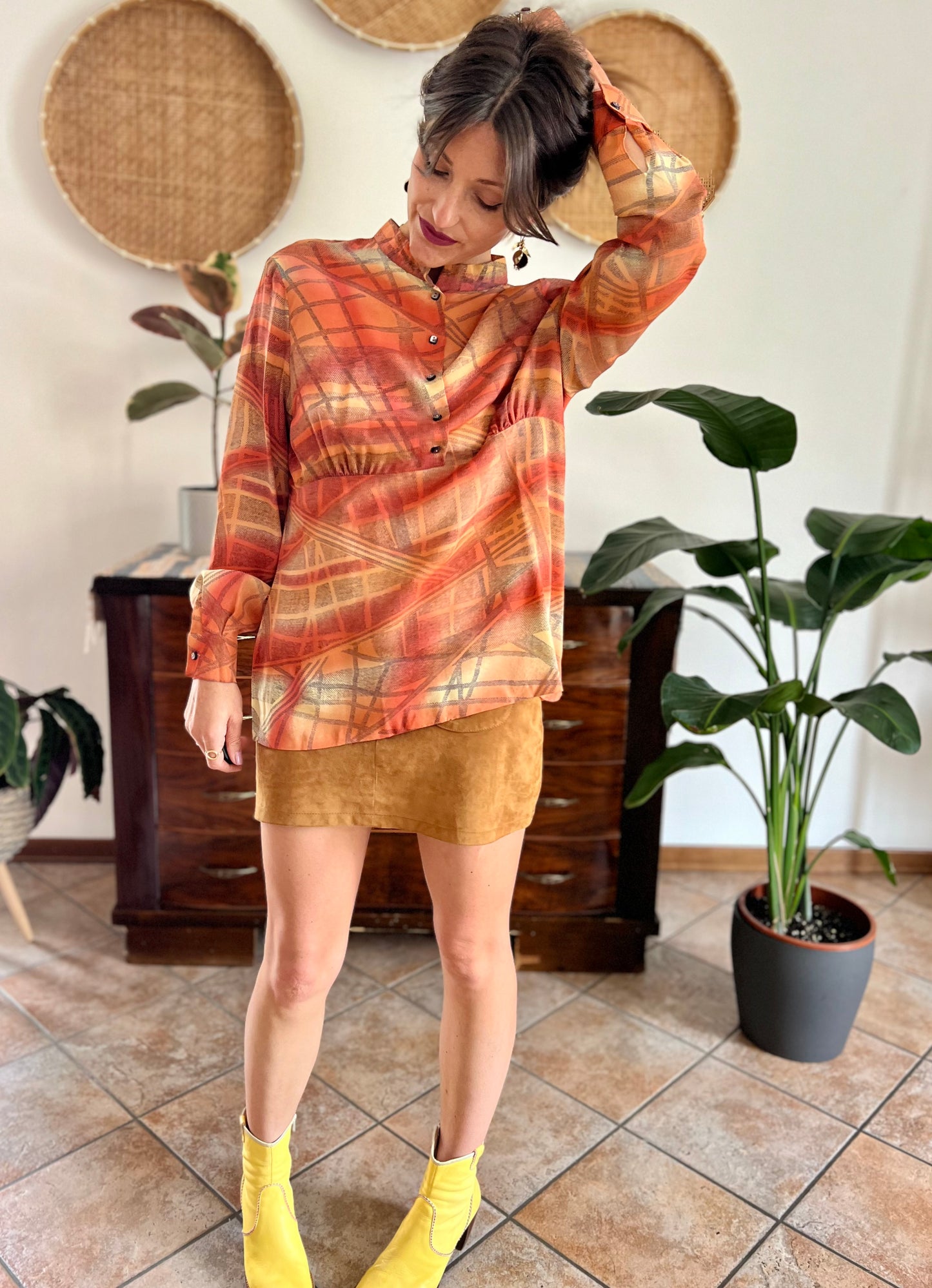 1970's vintage silk peach, grey and yellow abstract geometric print blouse