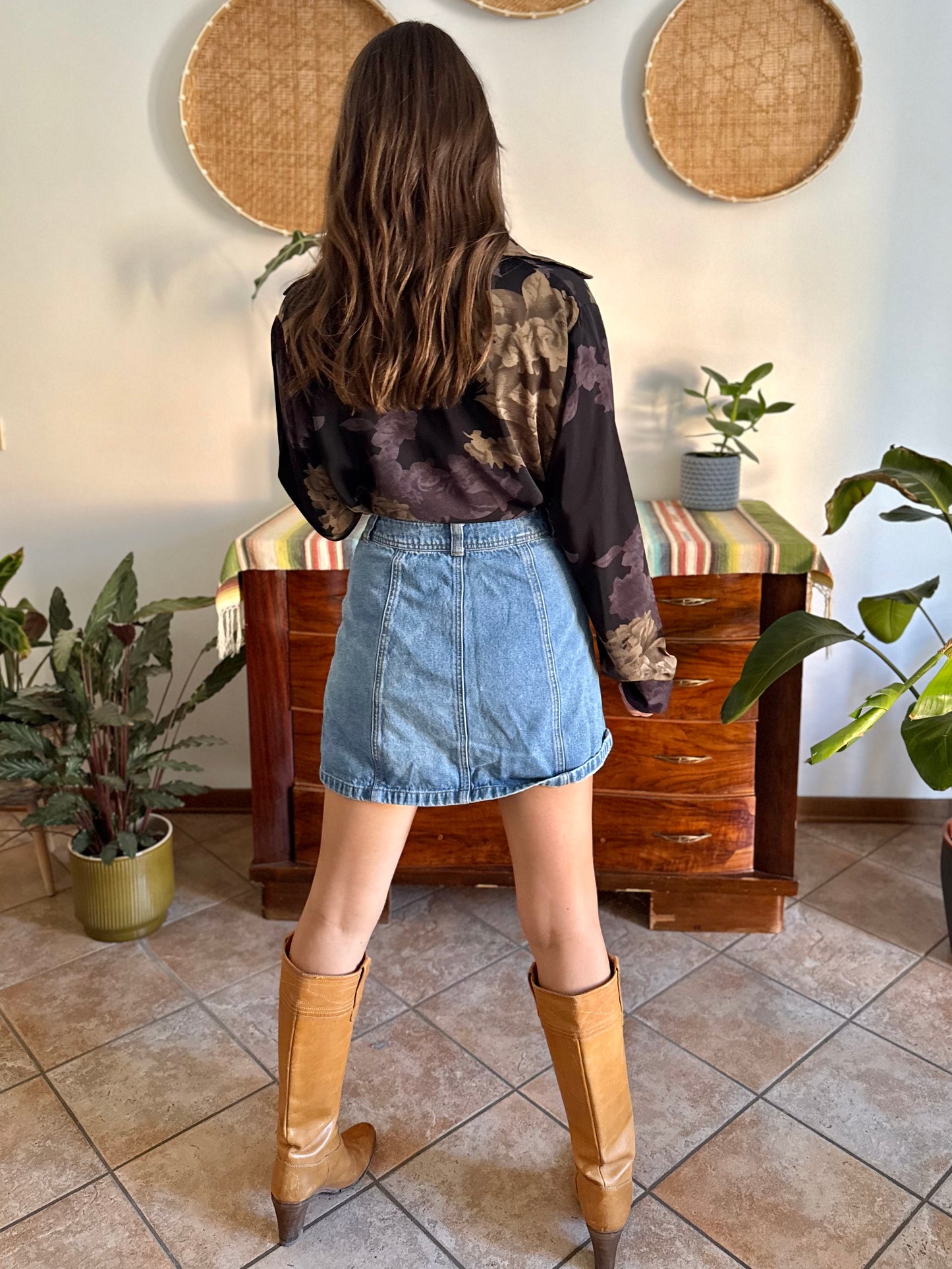 1990's vintage black blouse with purple and beige floral print