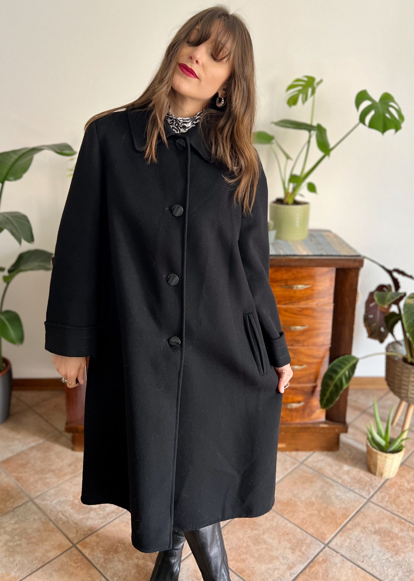 1960's vintage black wool overcoat with oversize black buttons