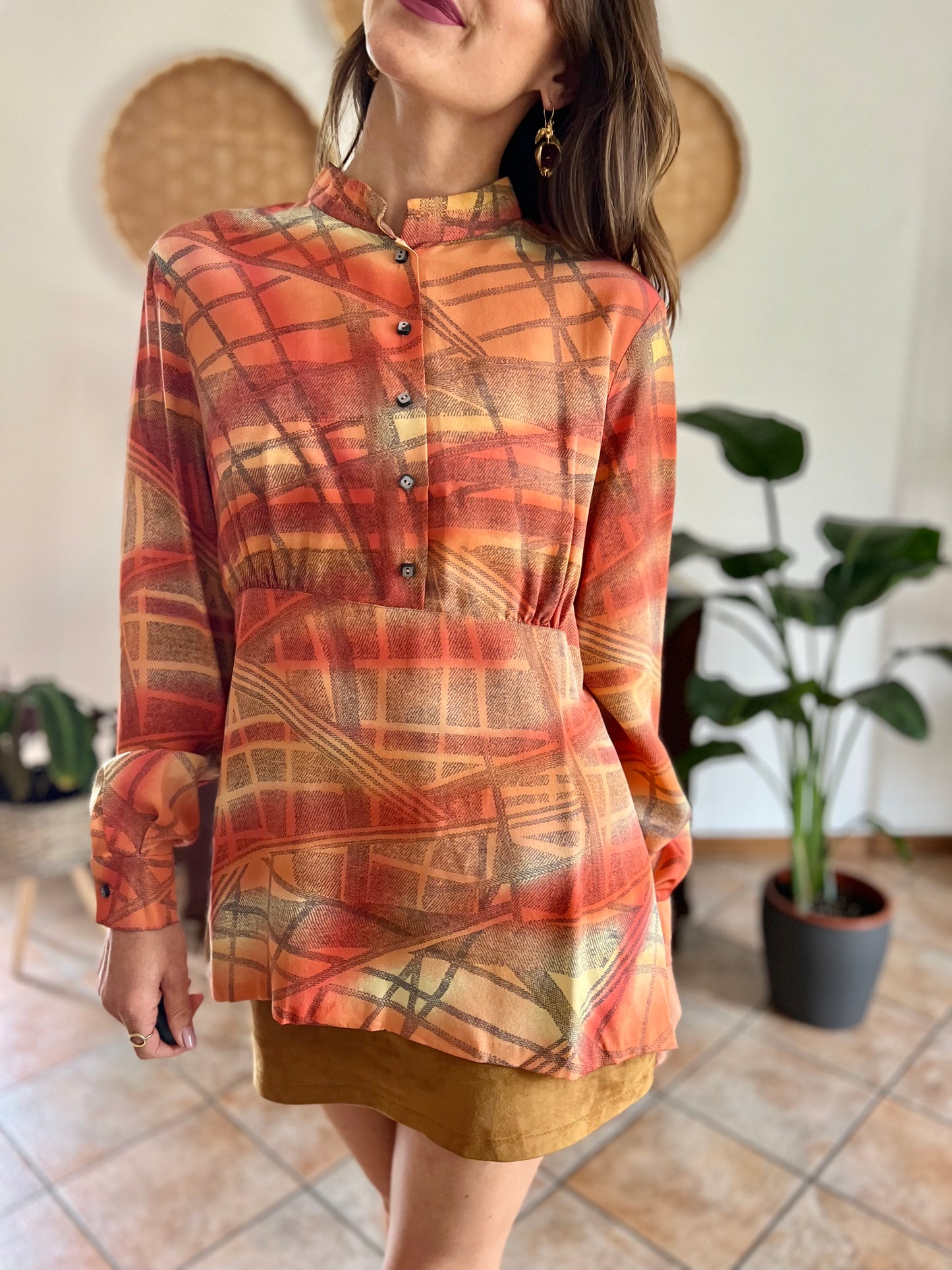 1970's vintage silk peach, grey and yellow abstract geometric print blouse