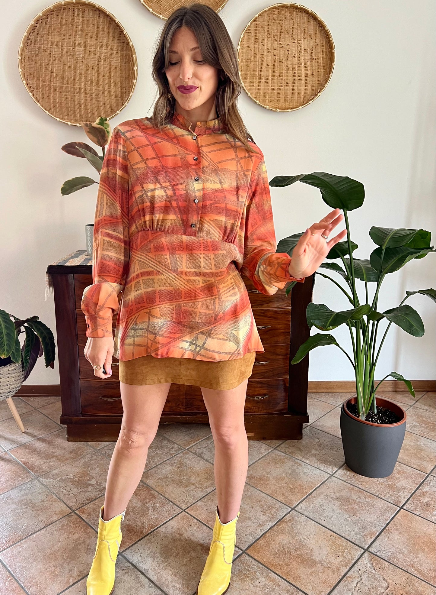 1970's vintage silk peach, grey and yellow abstract geometric print blouse