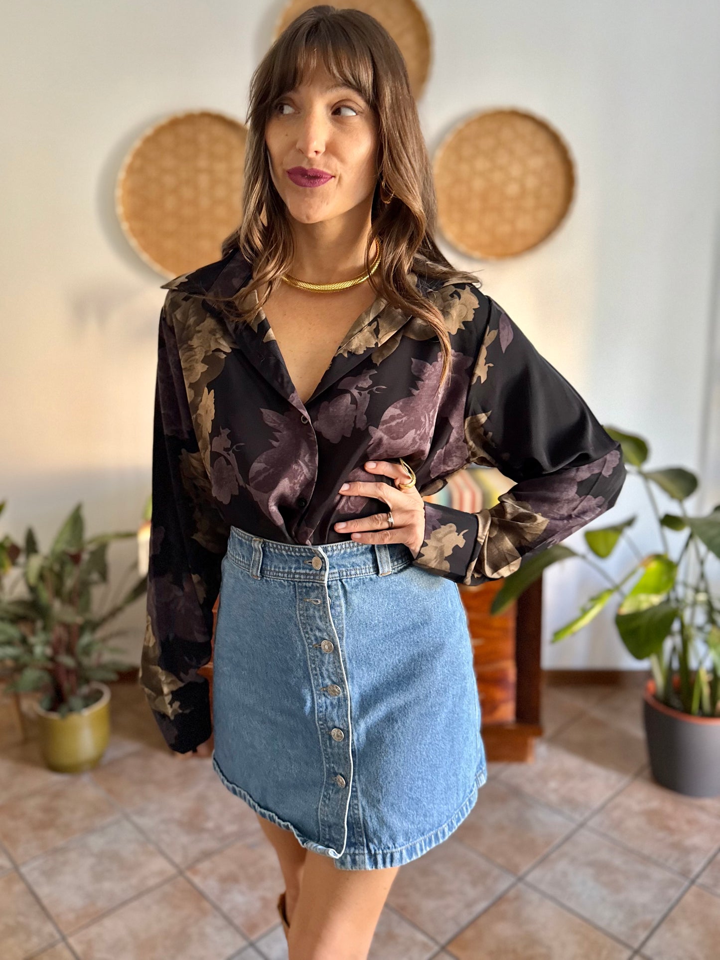1990's vintage black blouse with purple and beige floral print