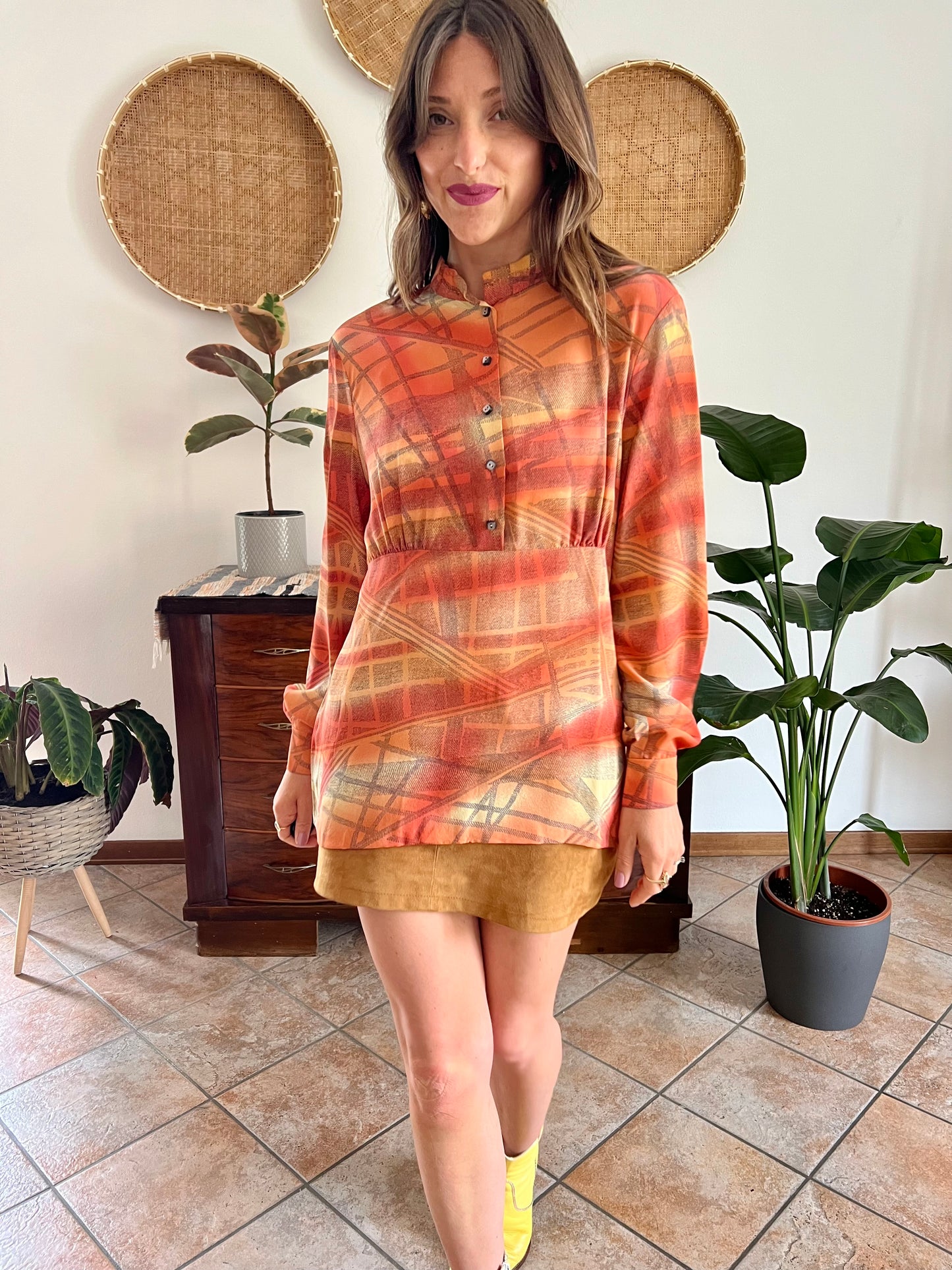 1970's vintage silk peach, grey and yellow abstract geometric print blouse