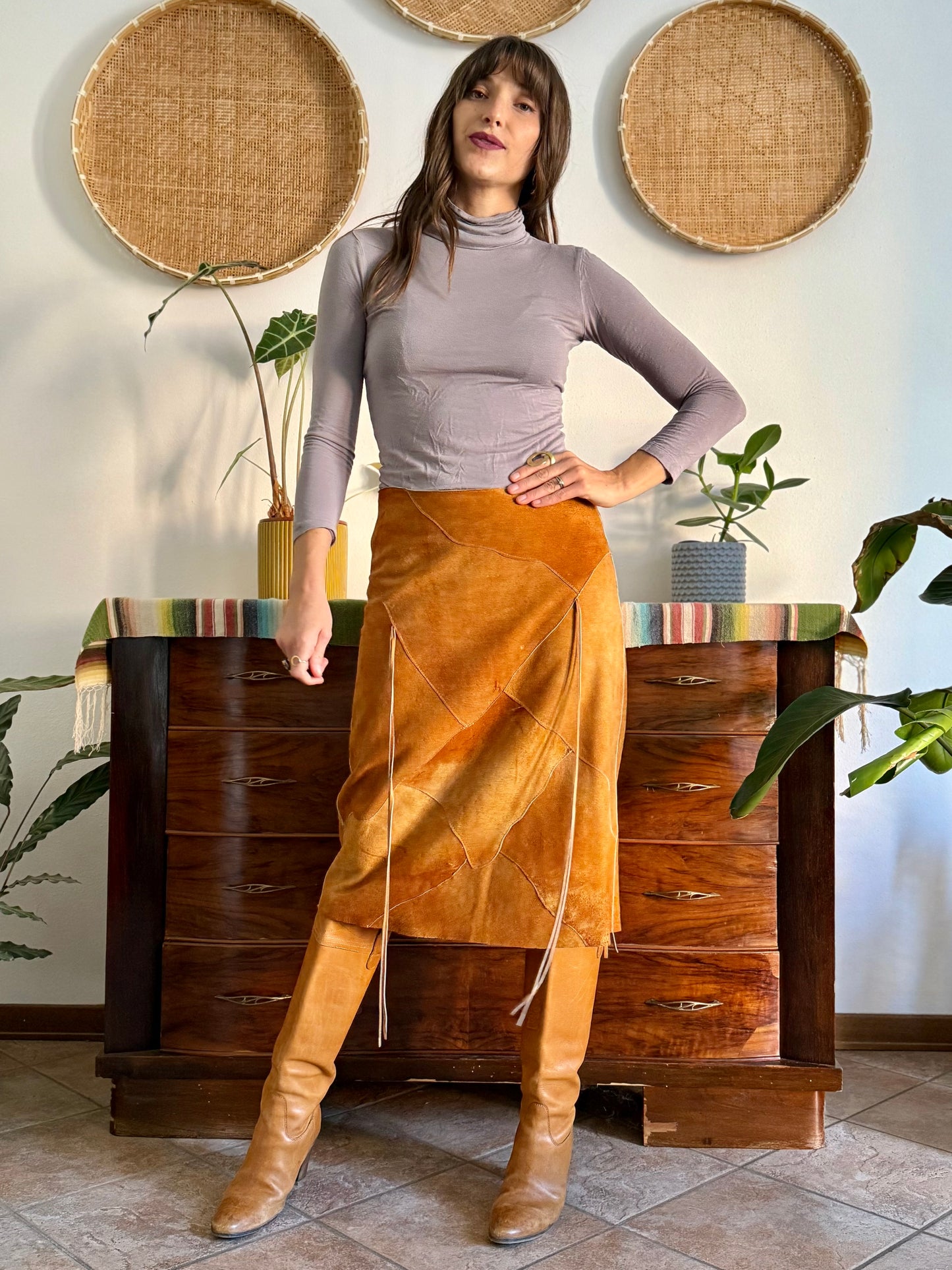 1970's vintage tan leather western style midi skirt with fringe detail
