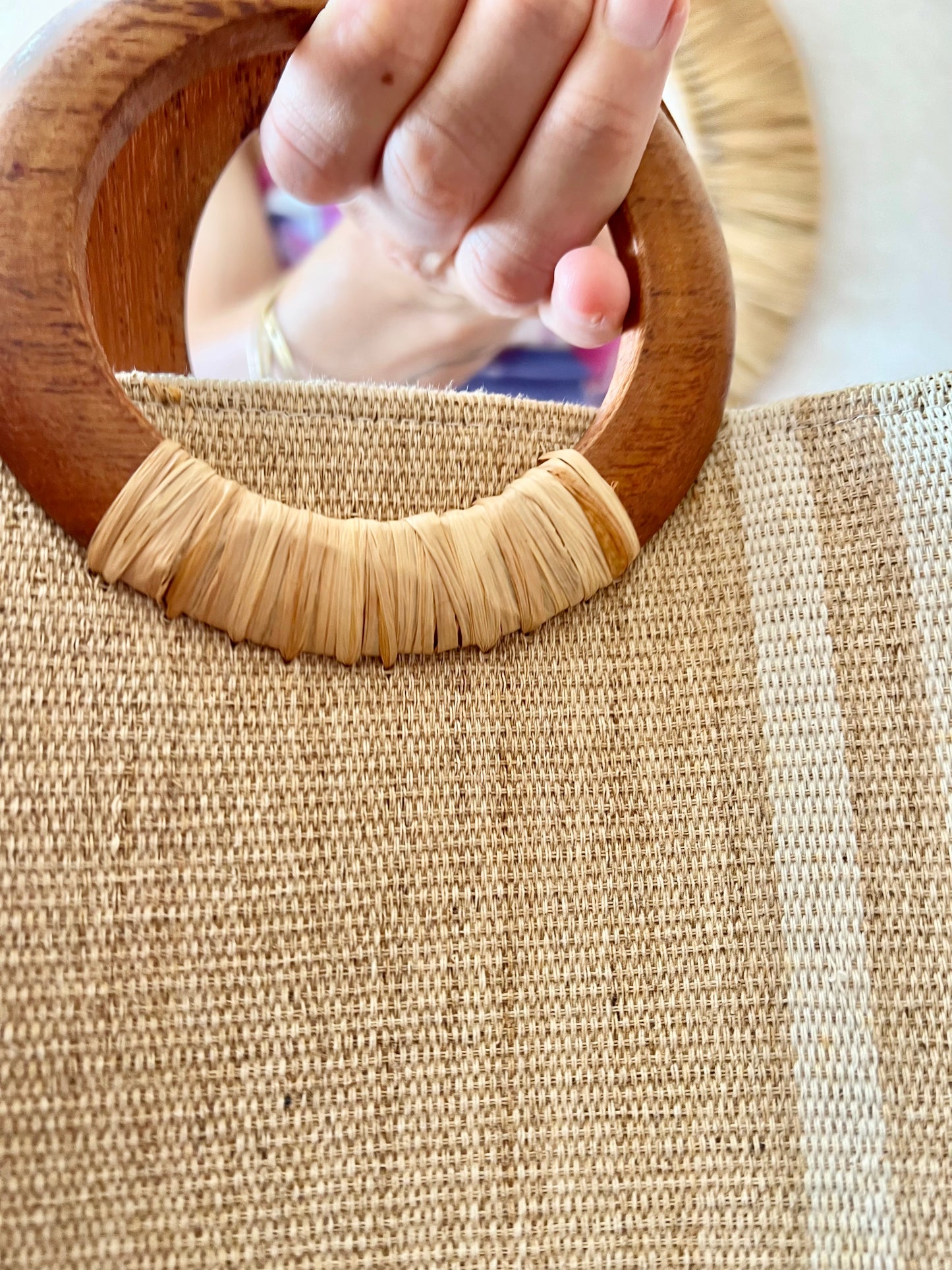 1970's vintage natural and cream stripe cotton woven purse