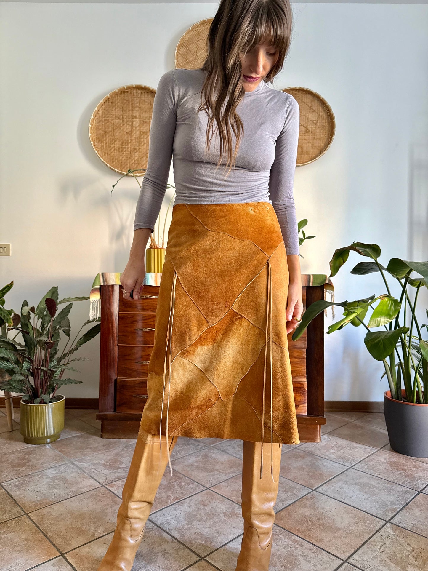 1970's vintage tan leather western style midi skirt with fringe detail