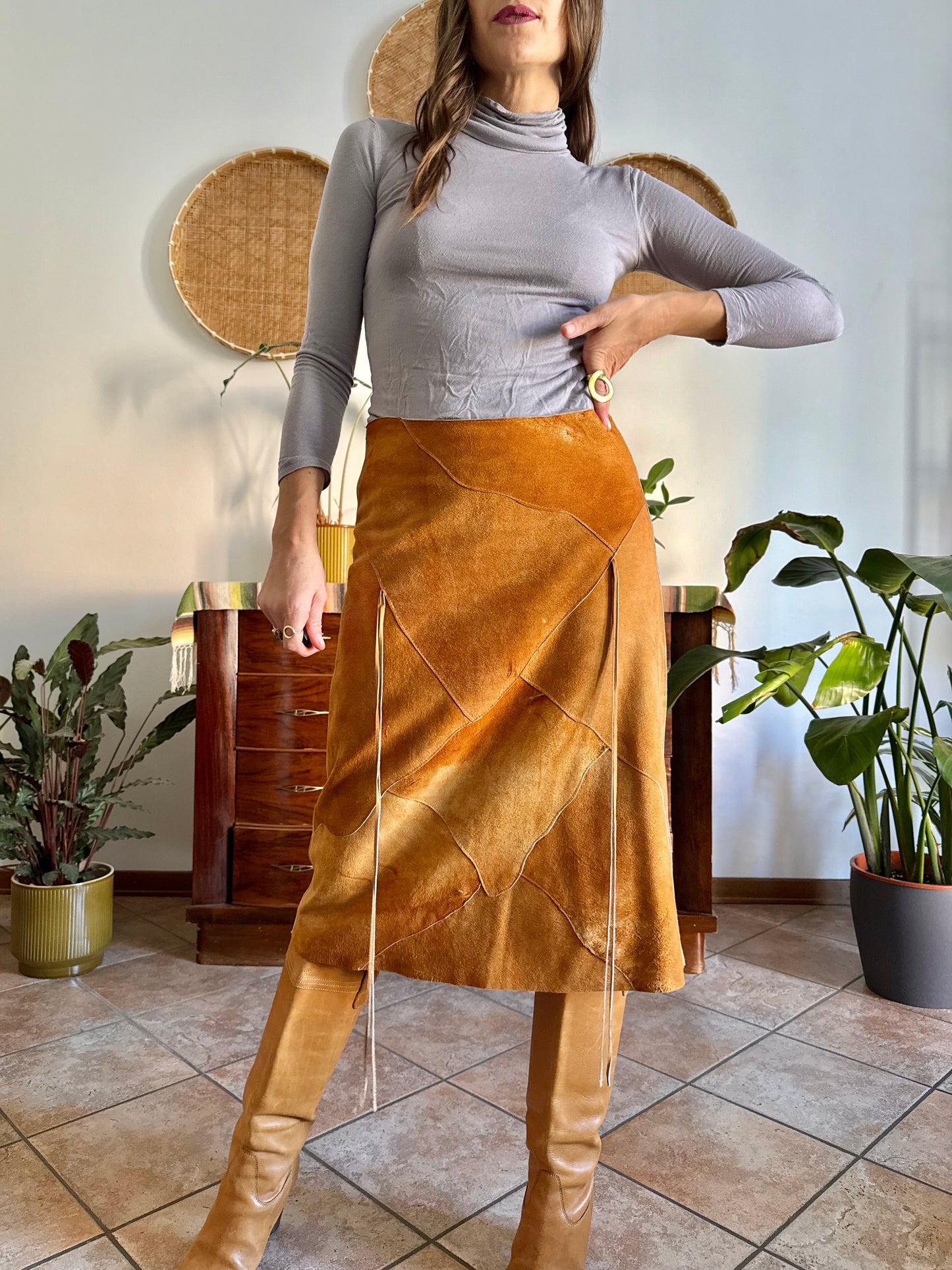 1970's vintage tan leather western style midi skirt with fringe detail