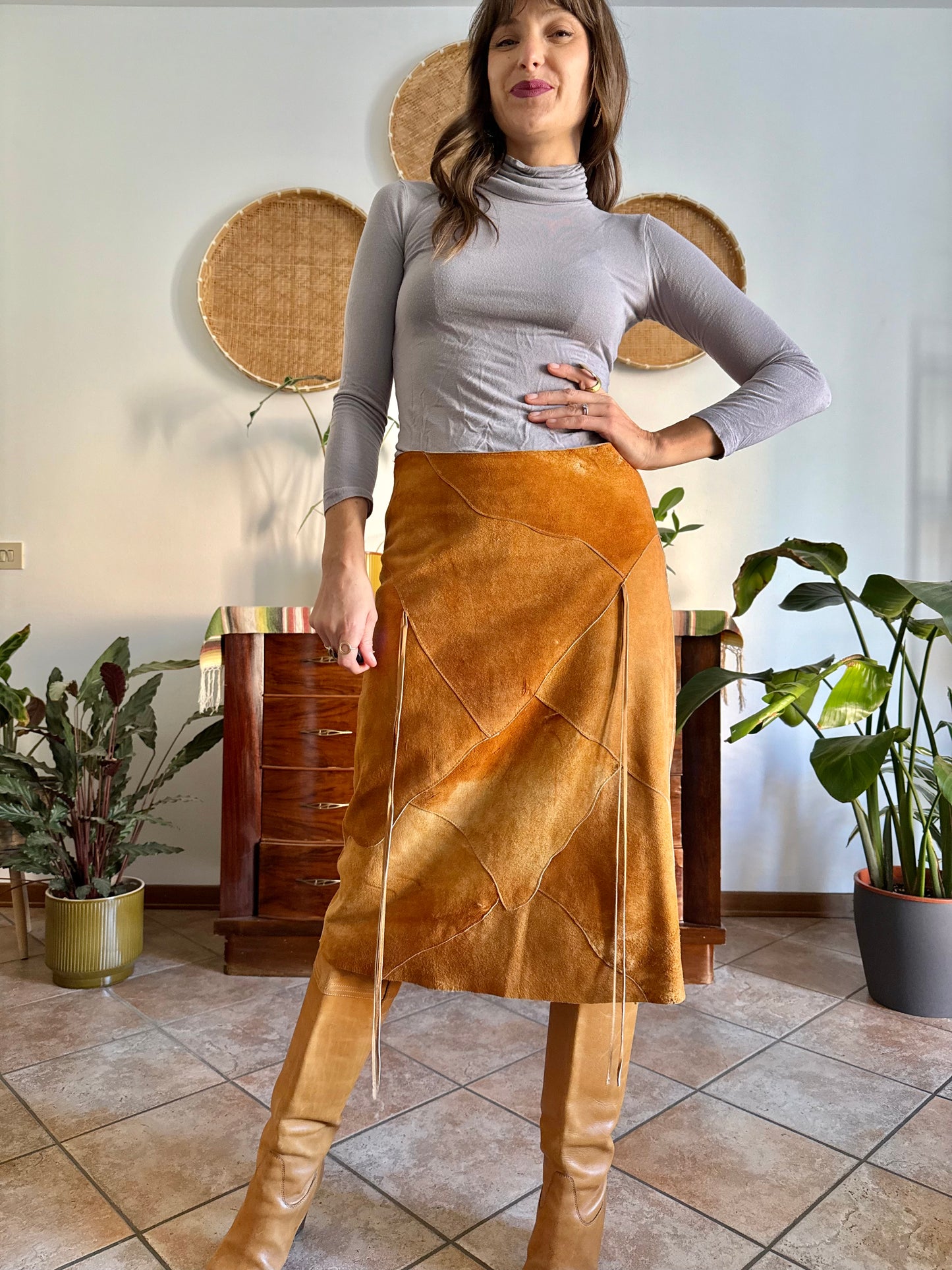 1970's vintage tan leather western style midi skirt with fringe detail