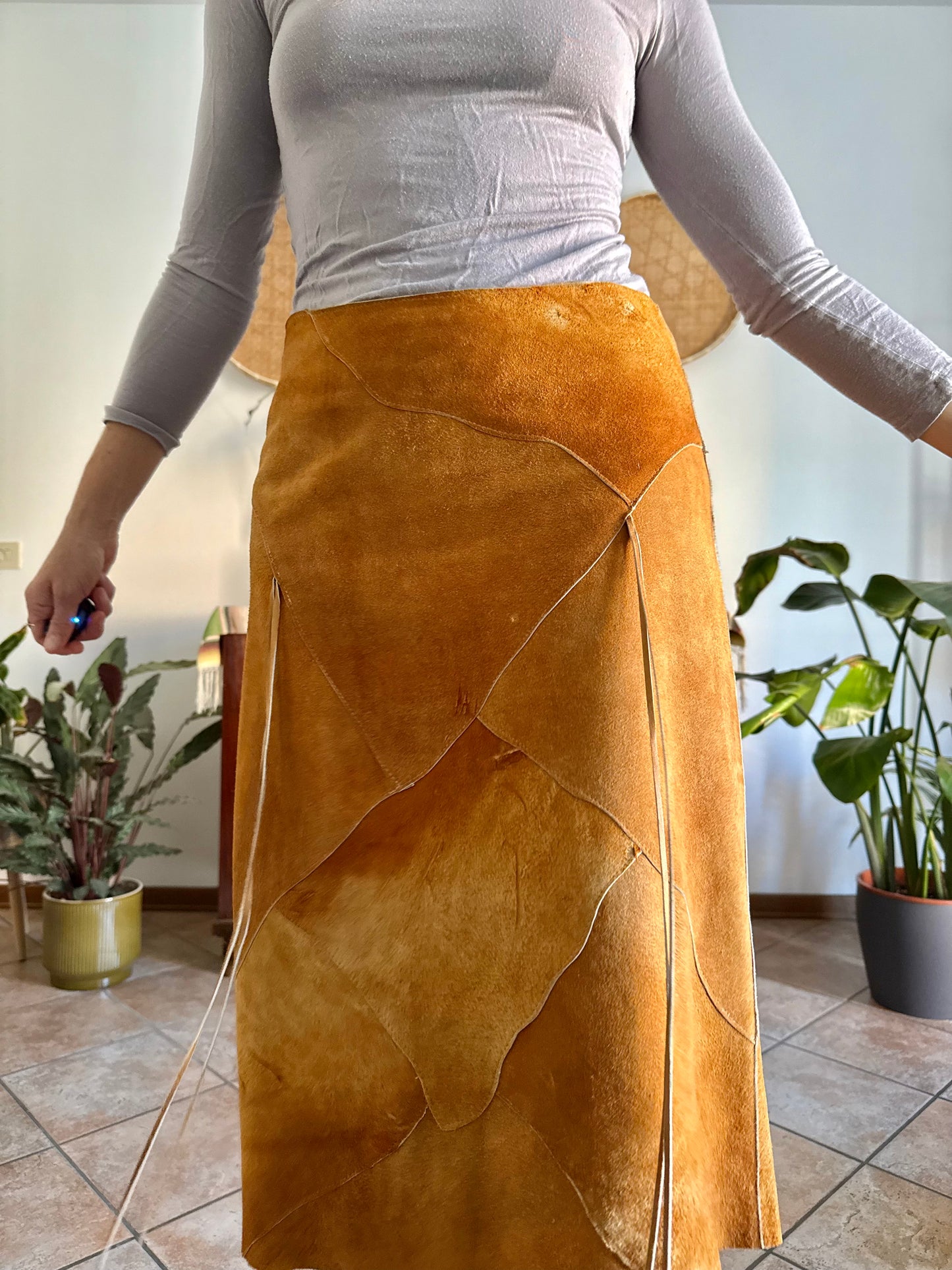 1970's vintage tan leather western style midi skirt with fringe detail