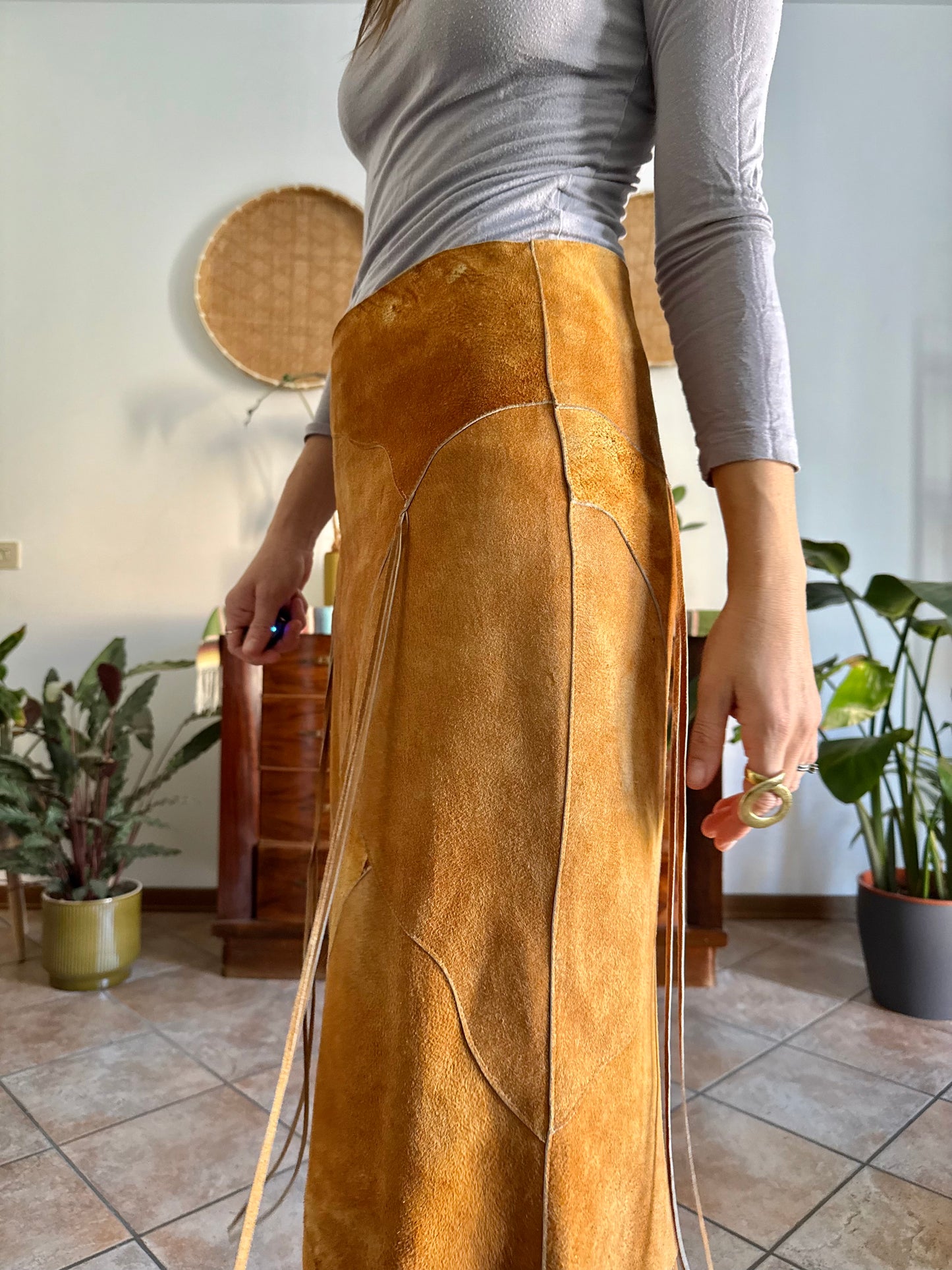 1970's vintage tan leather western style midi skirt with fringe detail