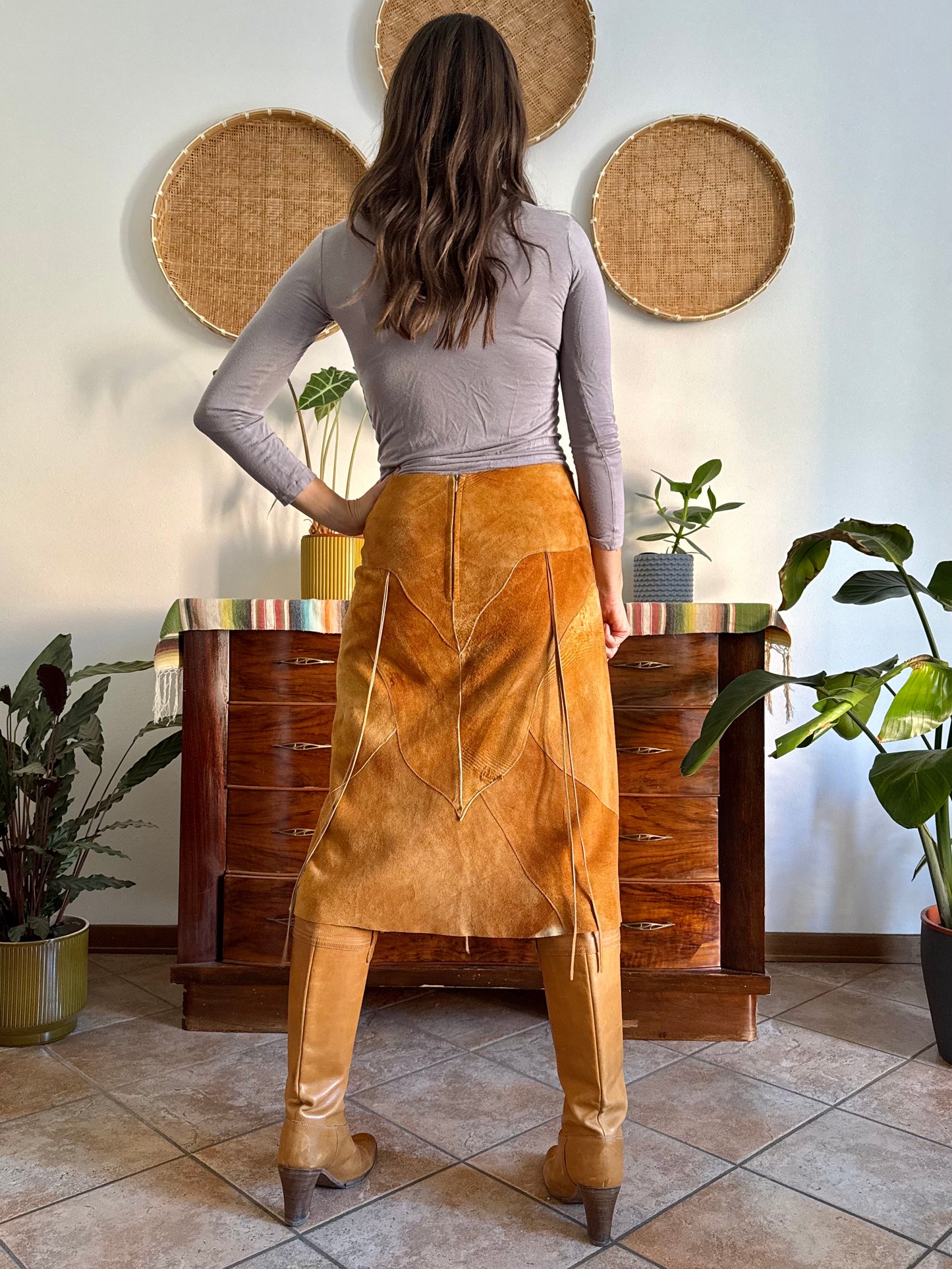 1970's vintage tan leather western style midi skirt with fringe detail