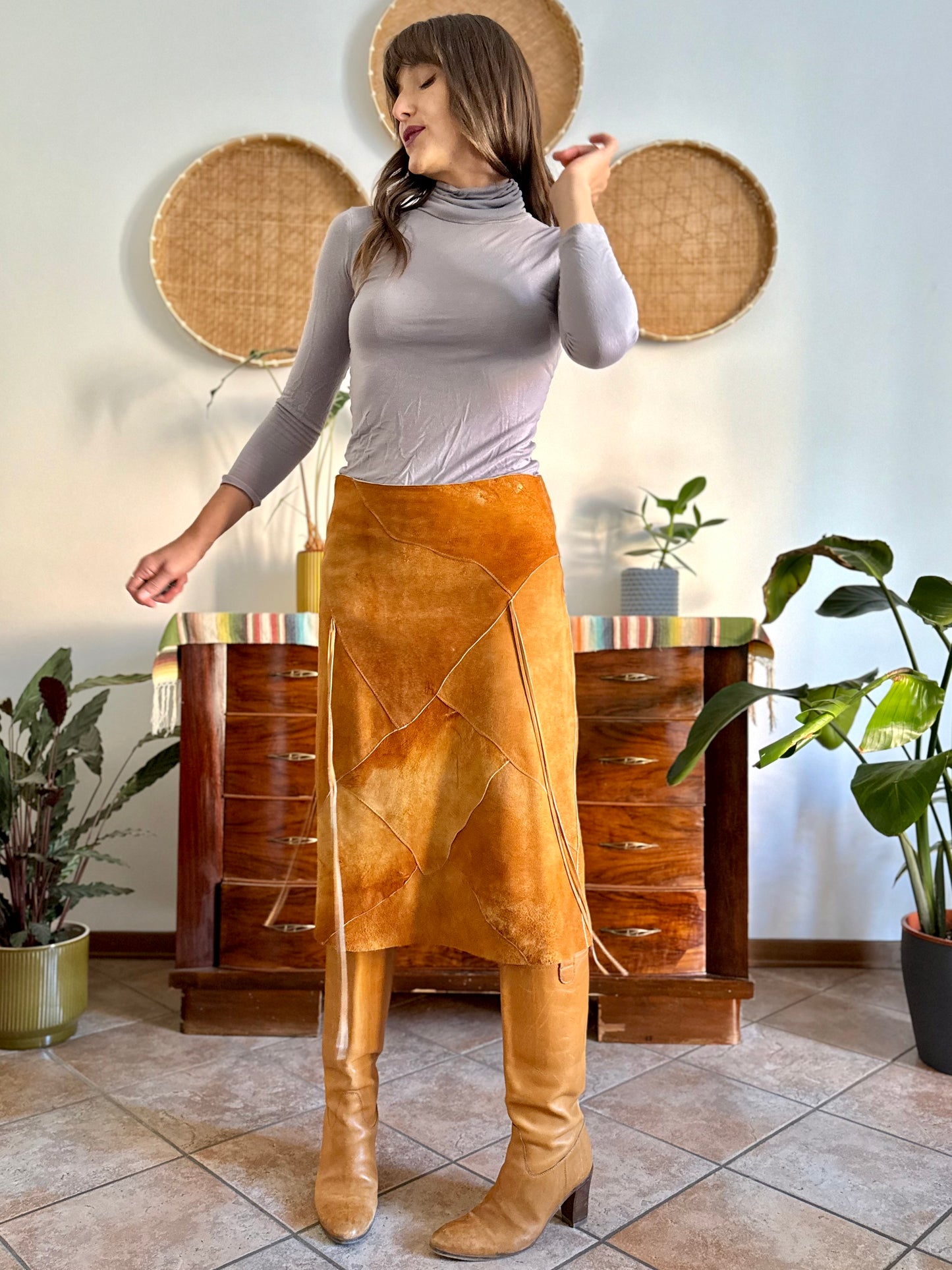 1970's vintage tan leather western style midi skirt with fringe detail