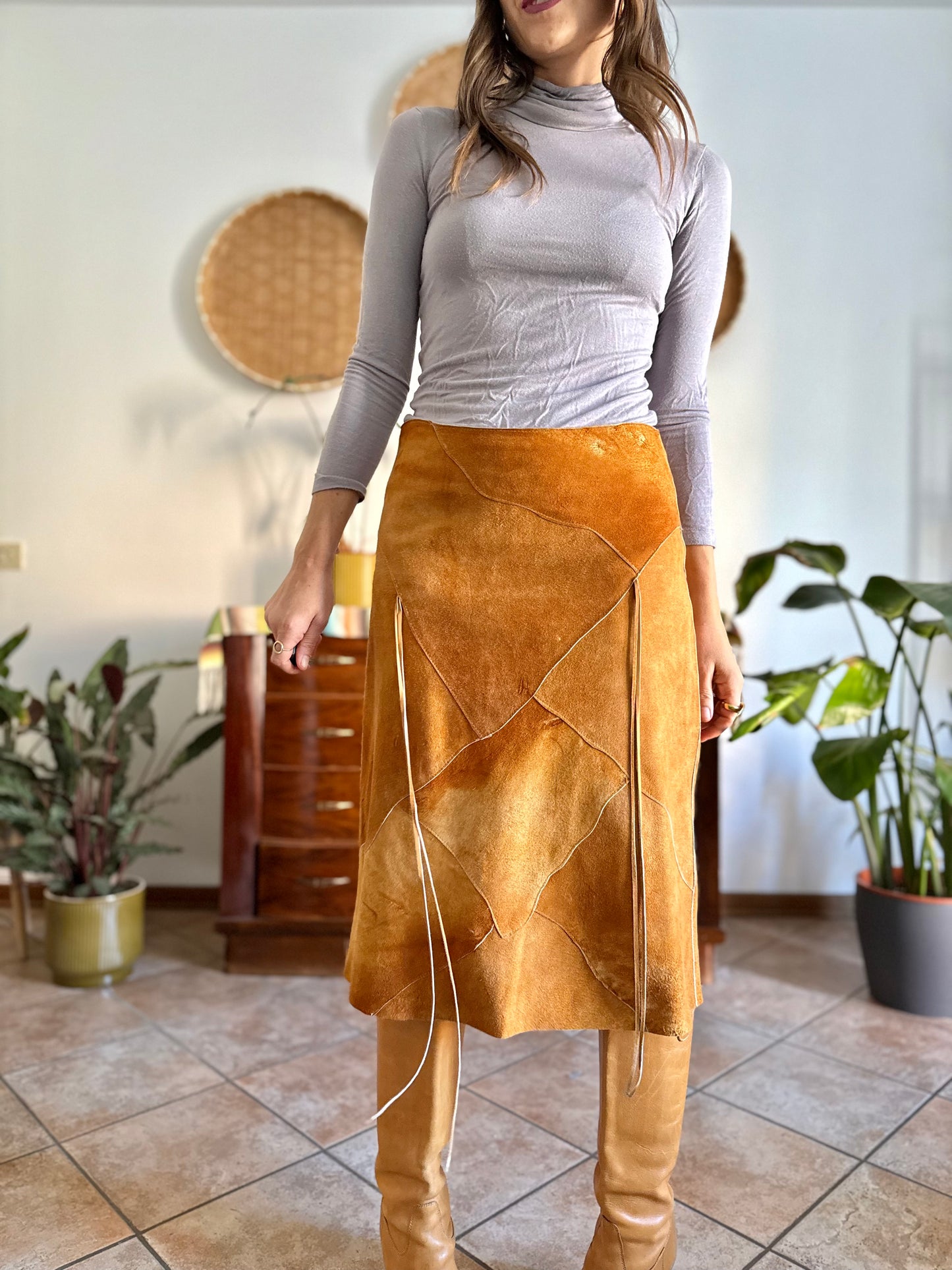 1970's vintage tan leather western style midi skirt with fringe detail