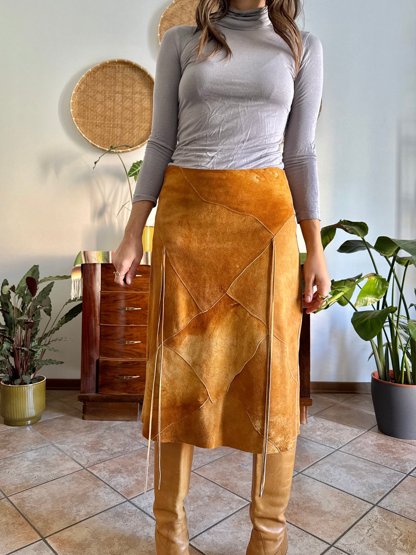 1970's vintage tan leather western style midi skirt with fringe detail