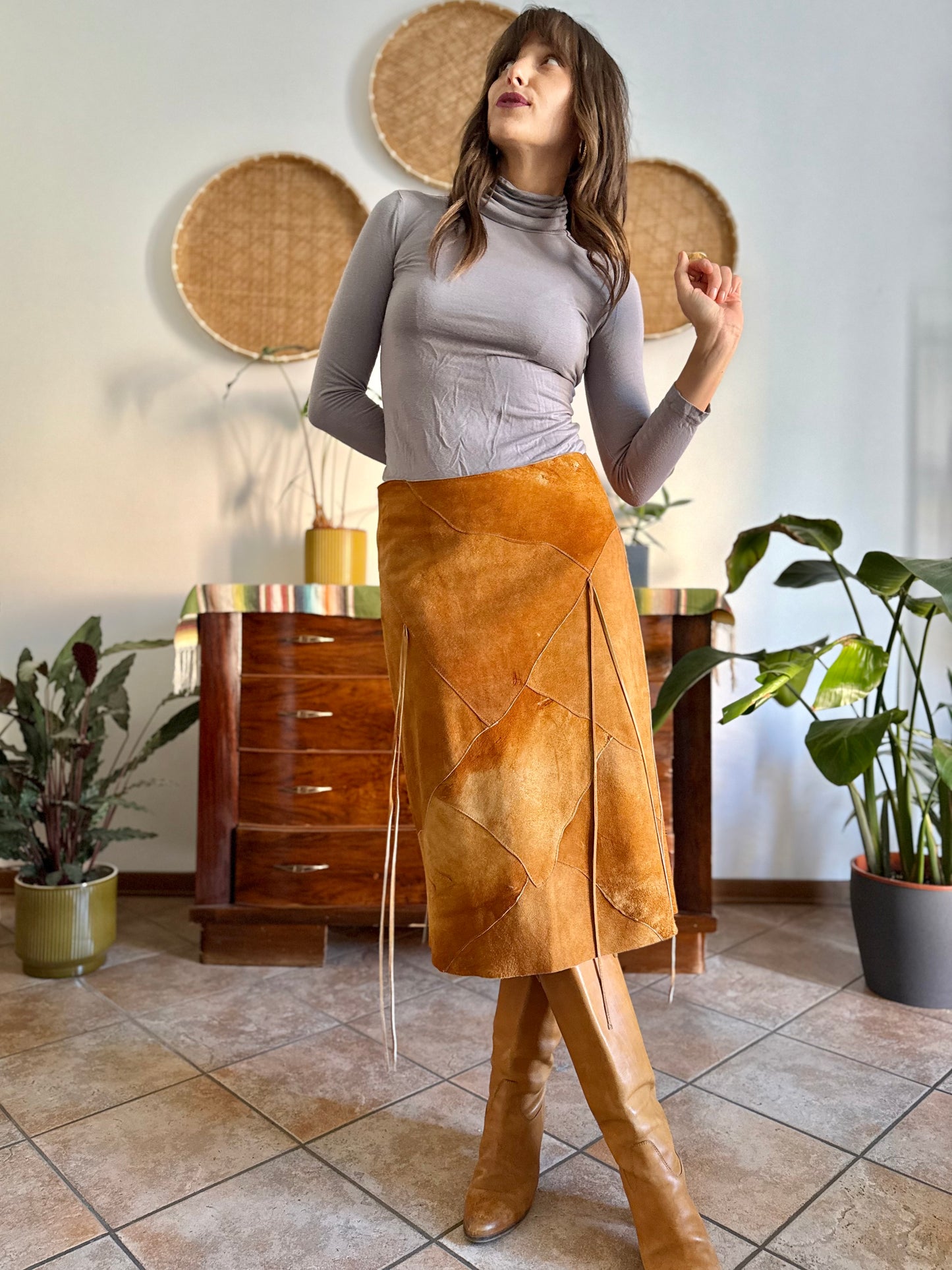 1970's vintage tan leather western style midi skirt with fringe detail