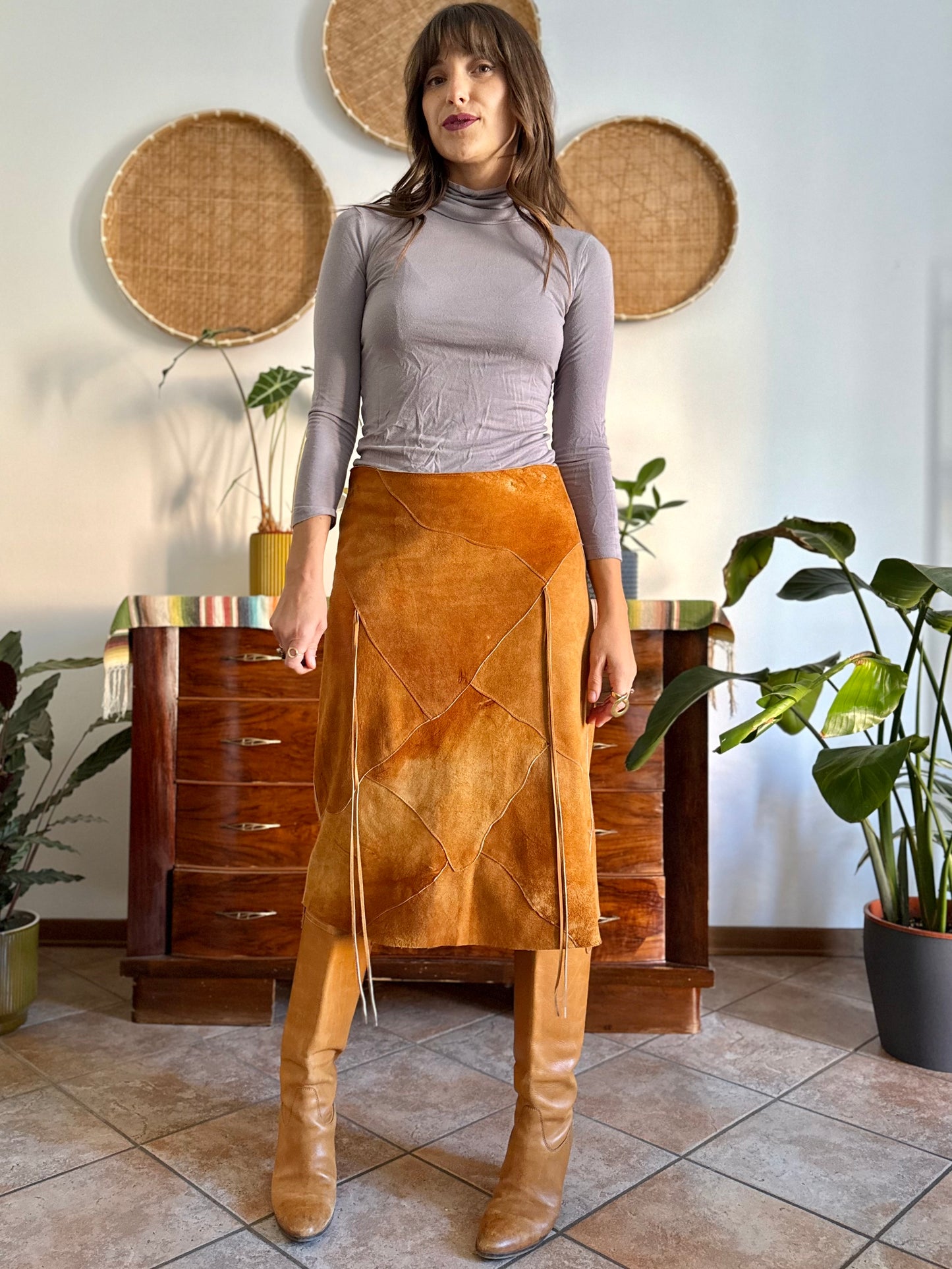 1970's vintage tan leather western style midi skirt with fringe detail