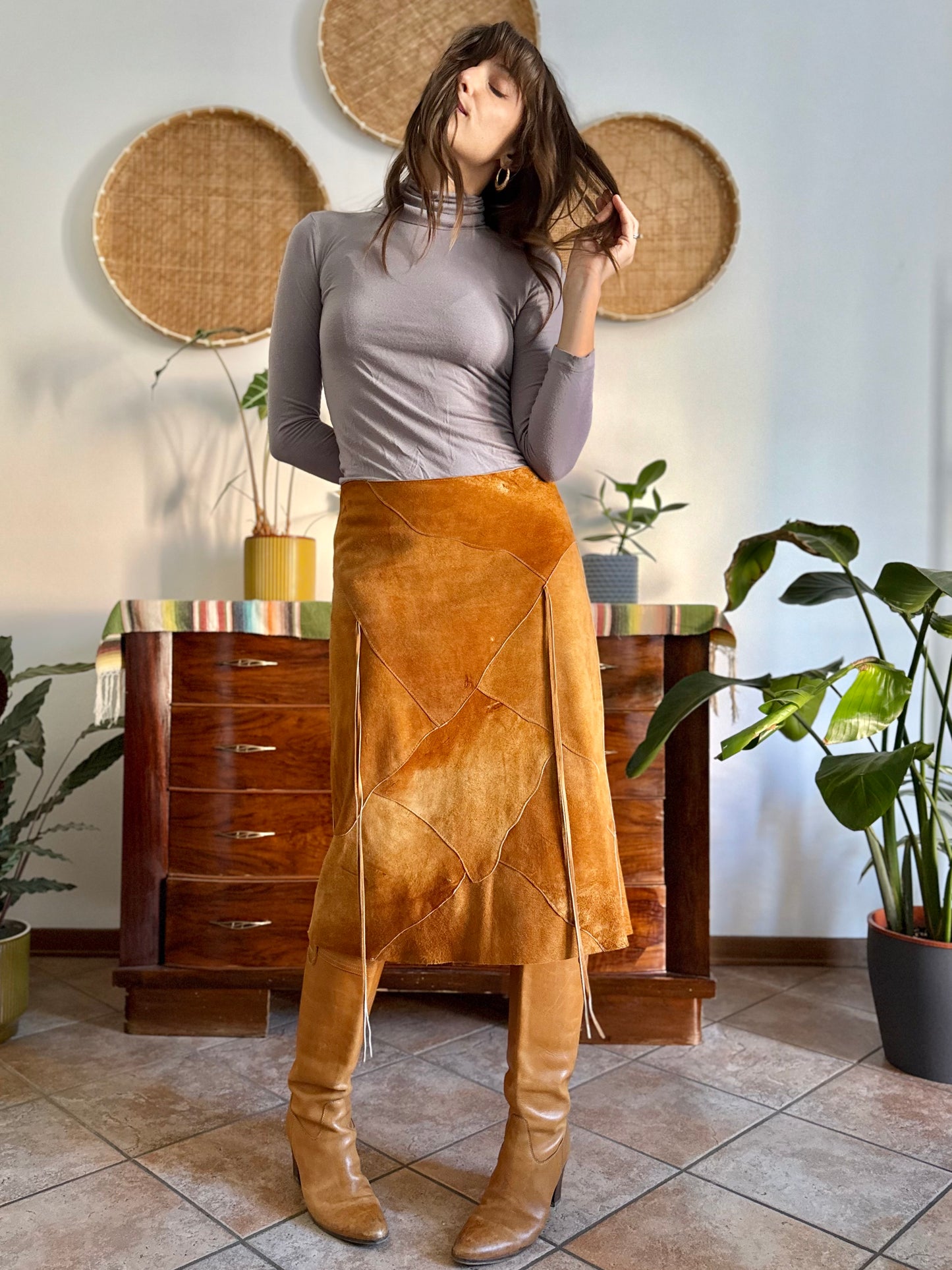 1970's vintage tan leather western style midi skirt with fringe detail