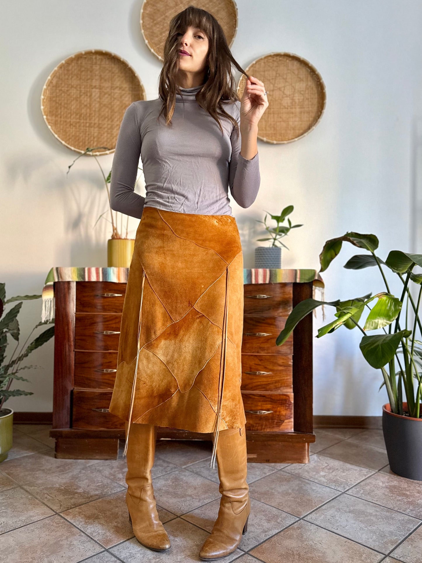 1970's vintage tan leather western style midi skirt with fringe detail