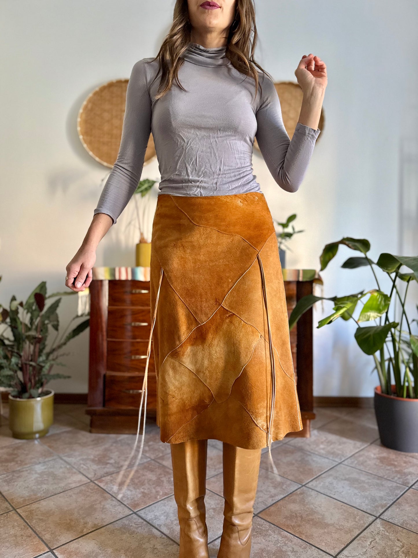 1970's vintage tan leather western style midi skirt with fringe detail