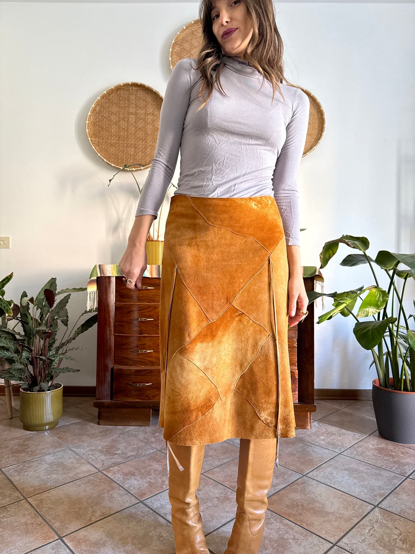 1970's vintage tan leather western style midi skirt with fringe detail