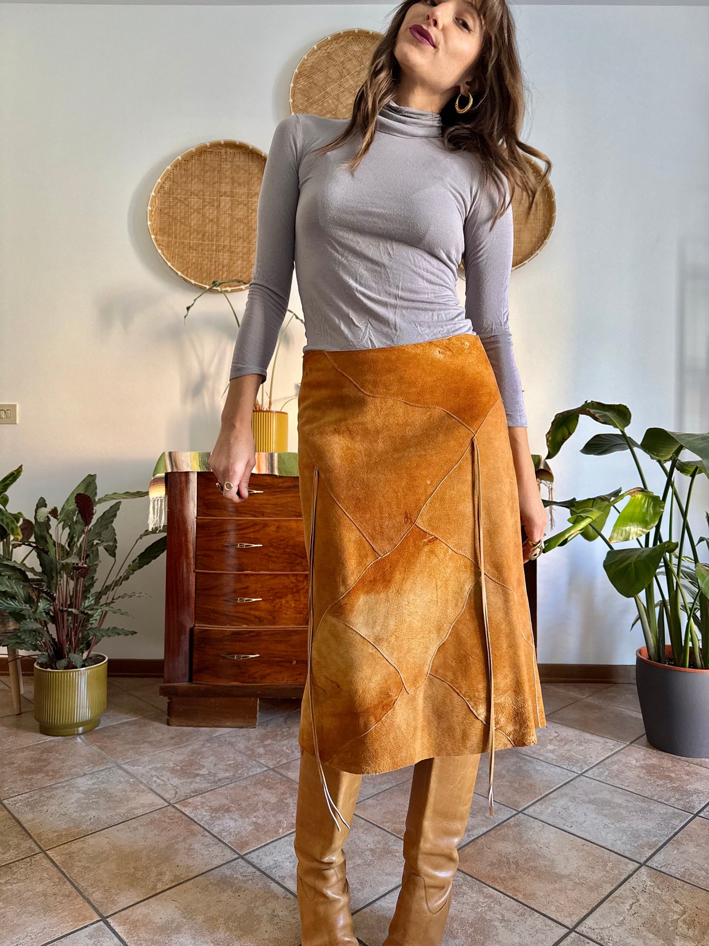 1970's vintage tan leather western style midi skirt with fringe detail