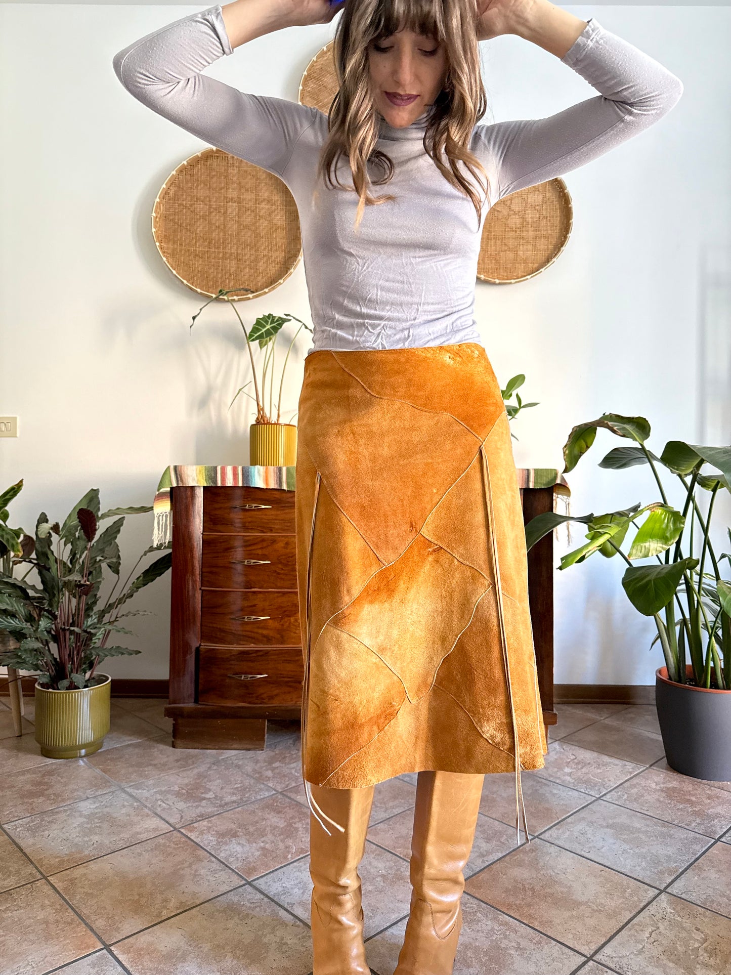 1970's vintage tan leather western style midi skirt with fringe detail
