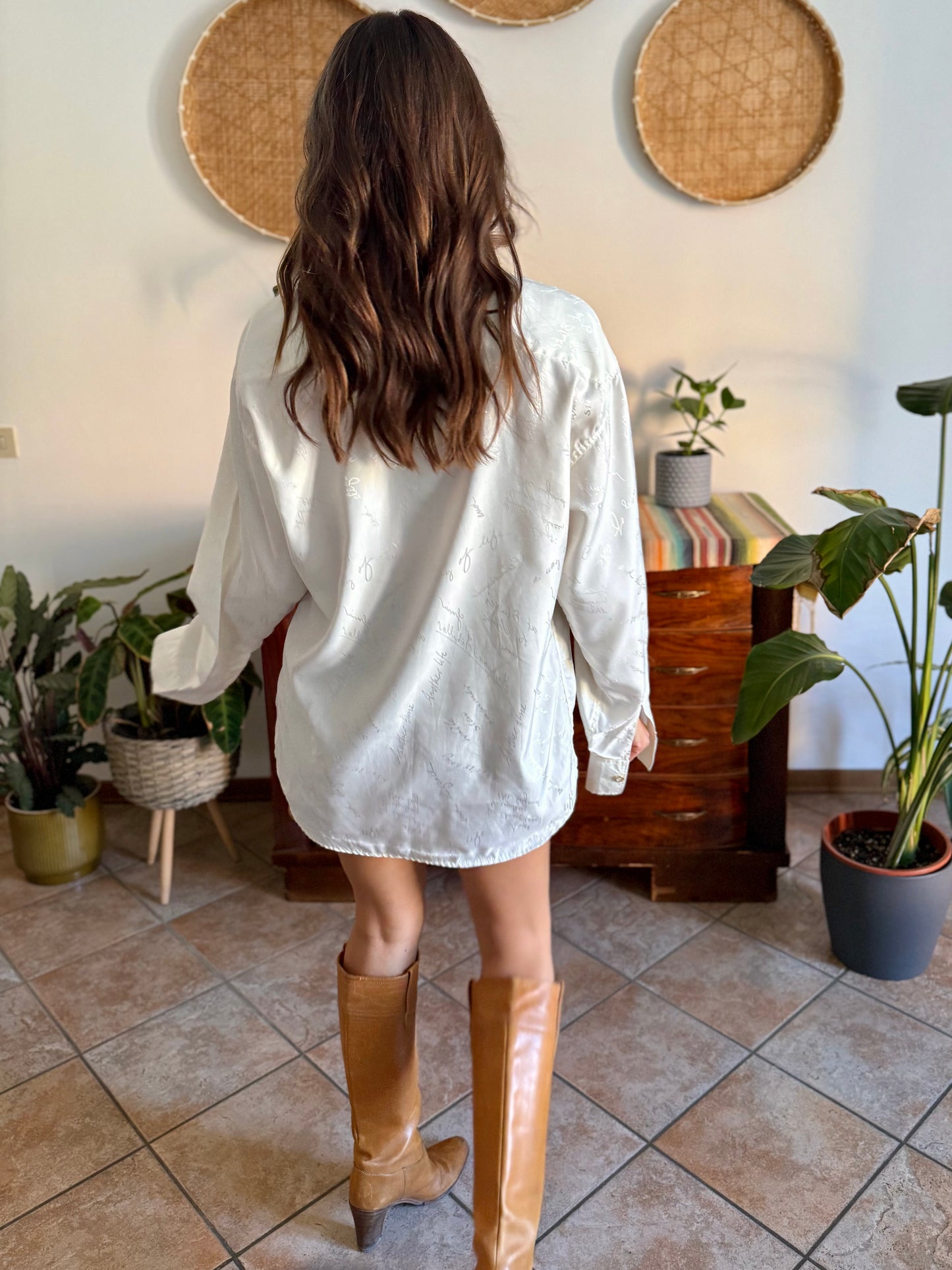 1970's vintage cream satin blouse with all over cream woven script