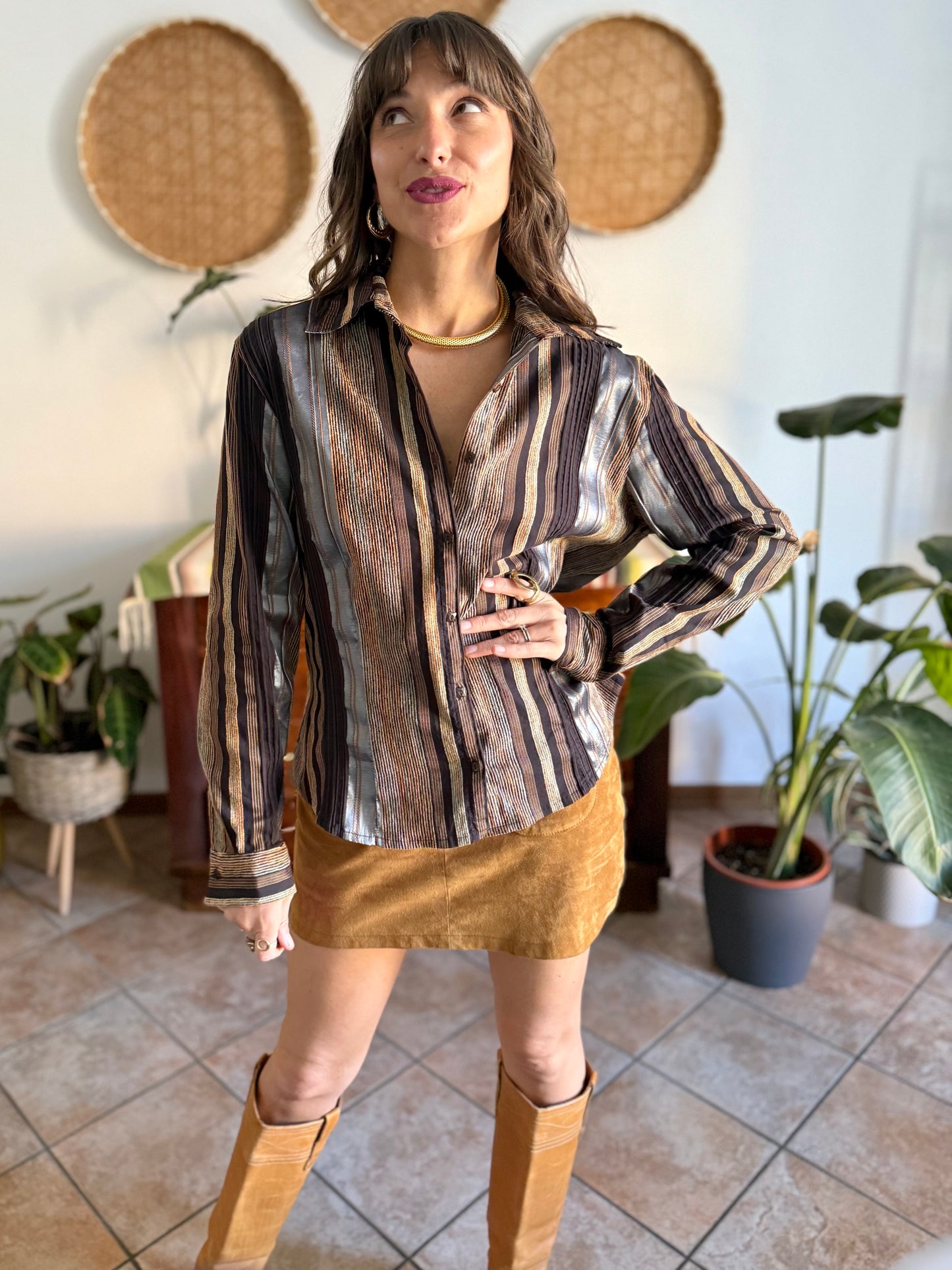 1990's vintage chocolate brown brown shirt with orange and grey velvet textured stripes