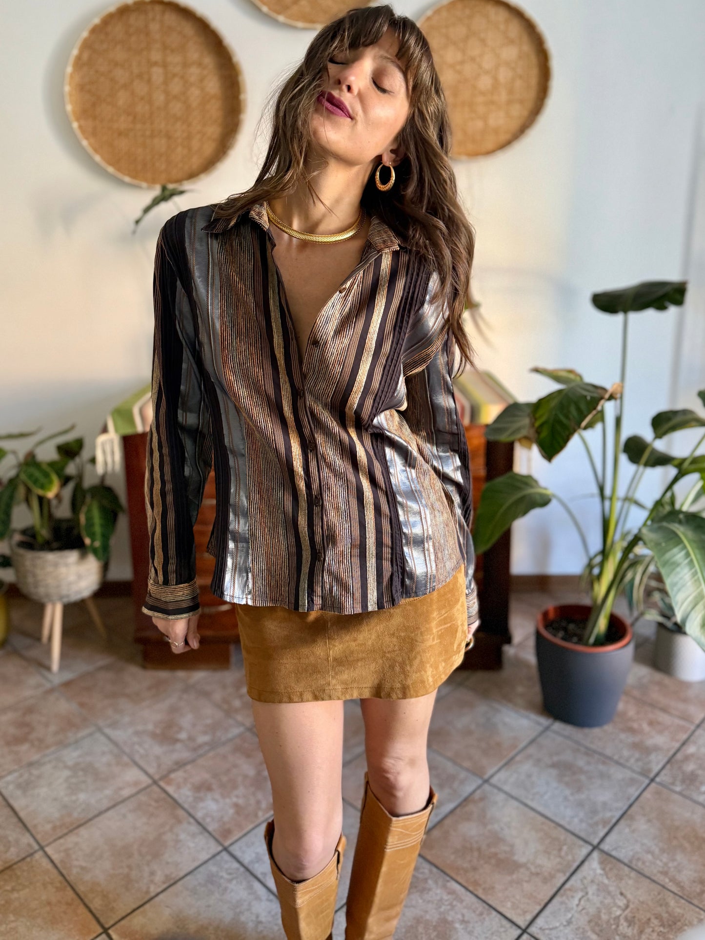 1990's vintage chocolate brown brown shirt with orange and grey velvet textured stripes