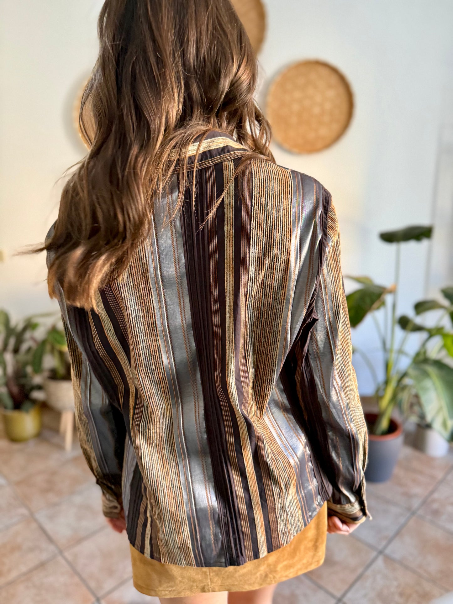 1990's vintage chocolate brown brown shirt with orange and grey velvet textured stripes