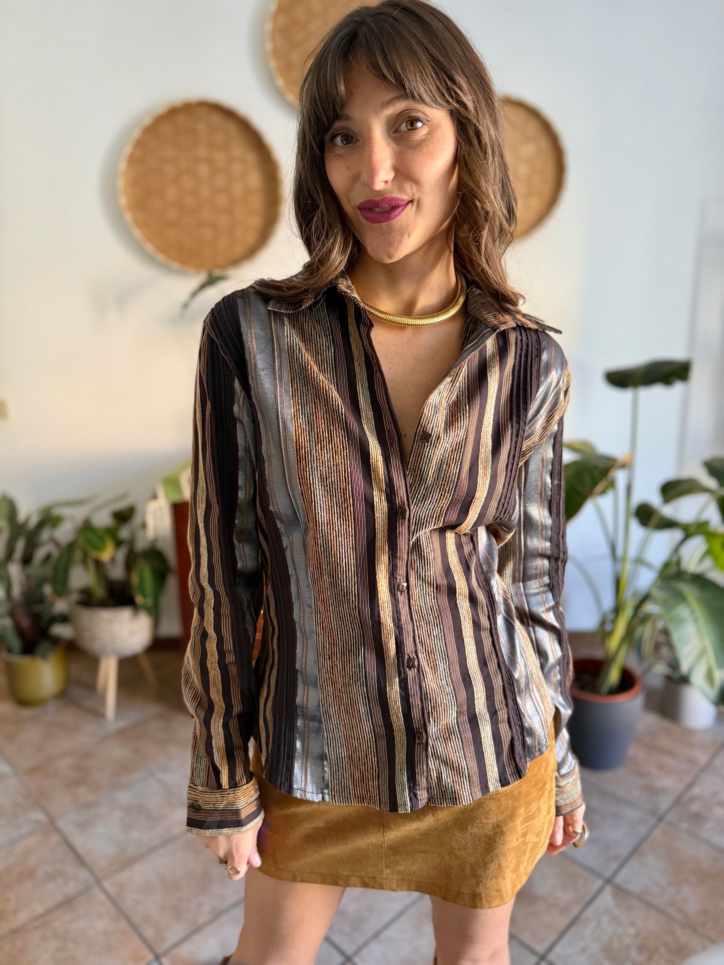 1990's vintage chocolate brown brown shirt with orange and grey velvet textured stripes