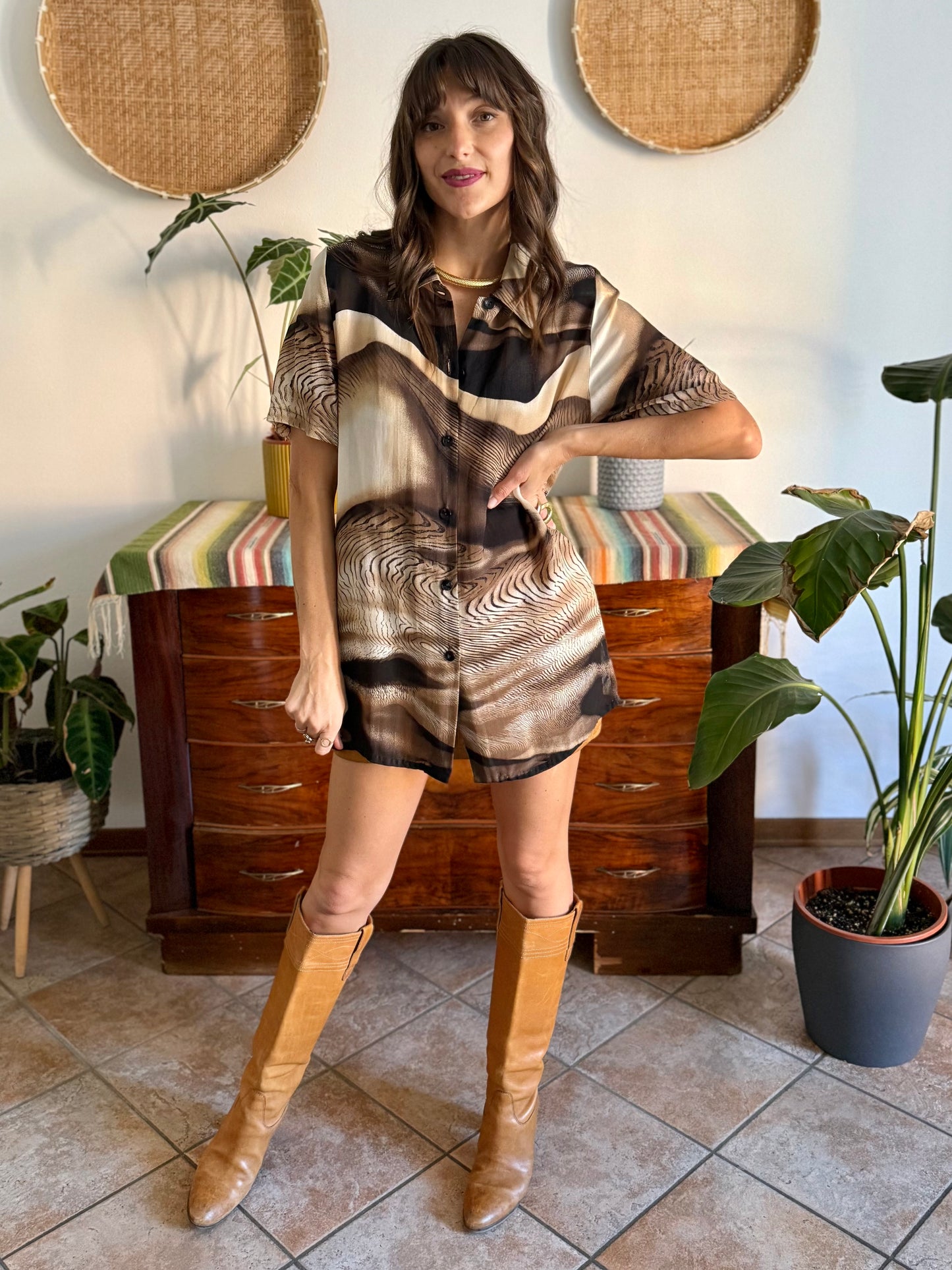 1970's vintage multitonal brown animal print sheer oversize blouse