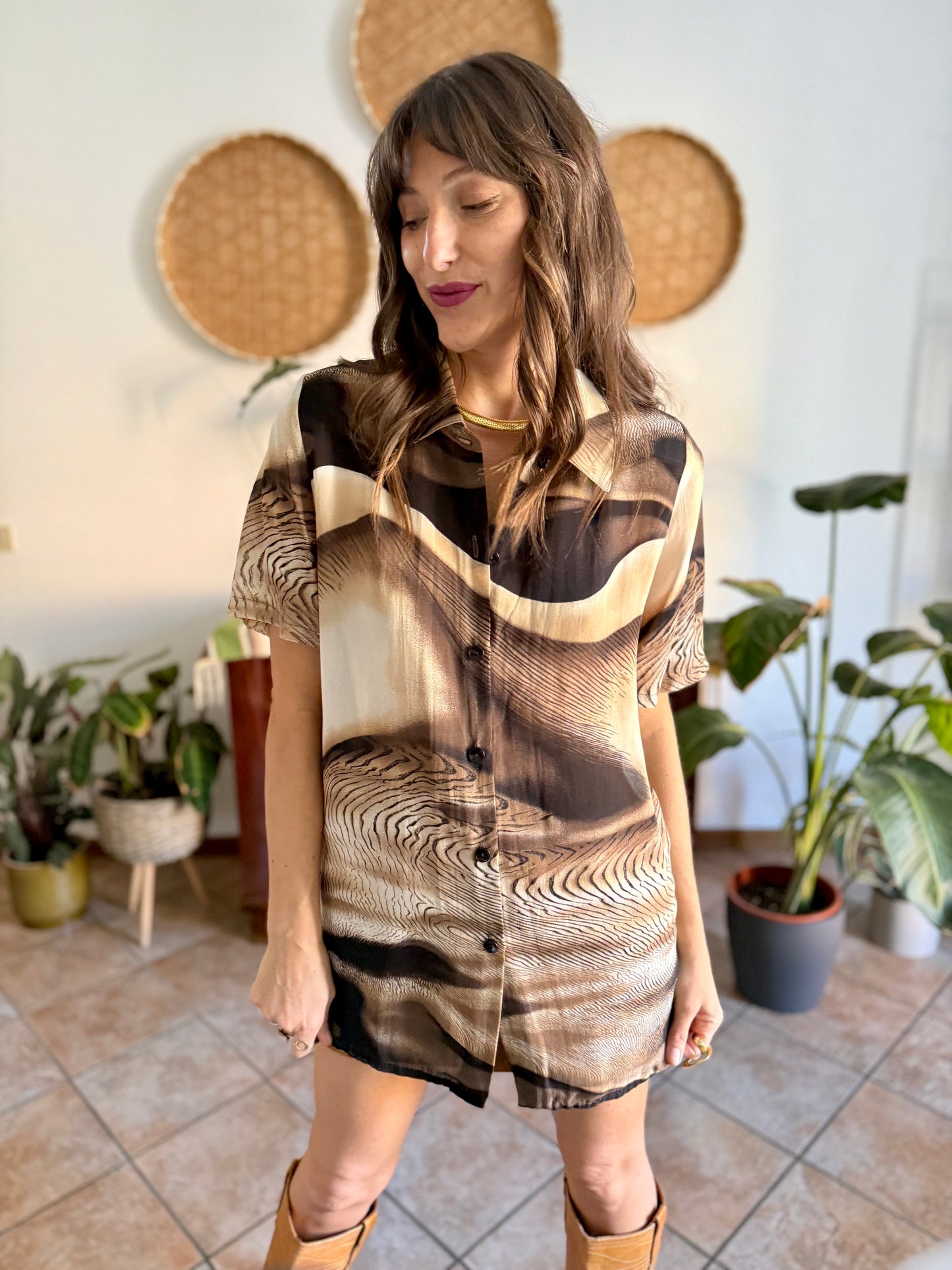 1970's vintage multitonal brown animal print sheer oversize blouse
