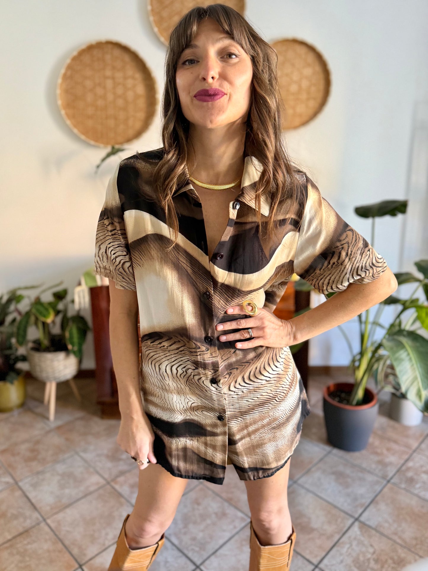 1970's vintage multitonal brown animal print sheer oversize blouse