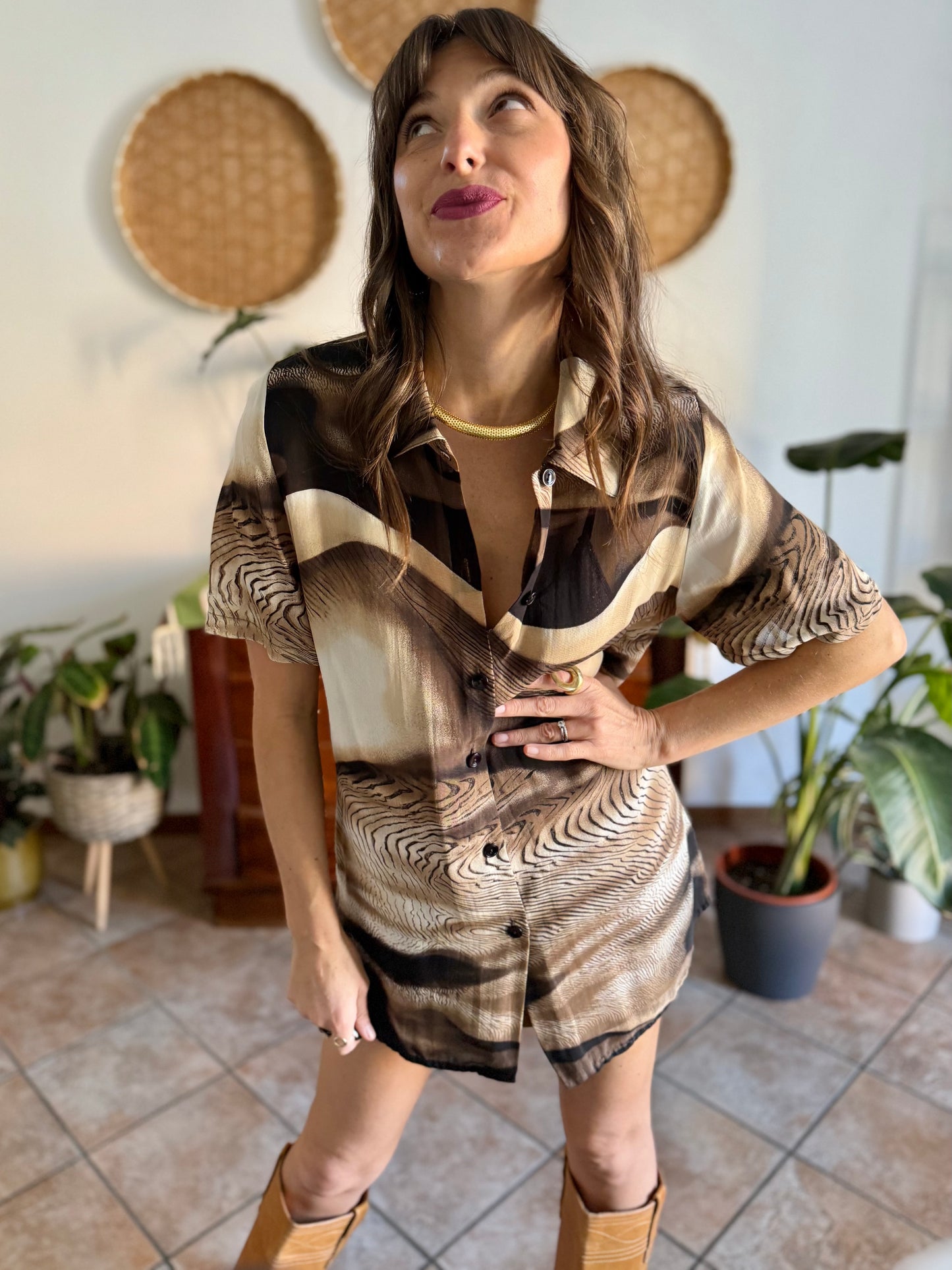 1970's vintage multitonal brown animal print sheer oversize blouse