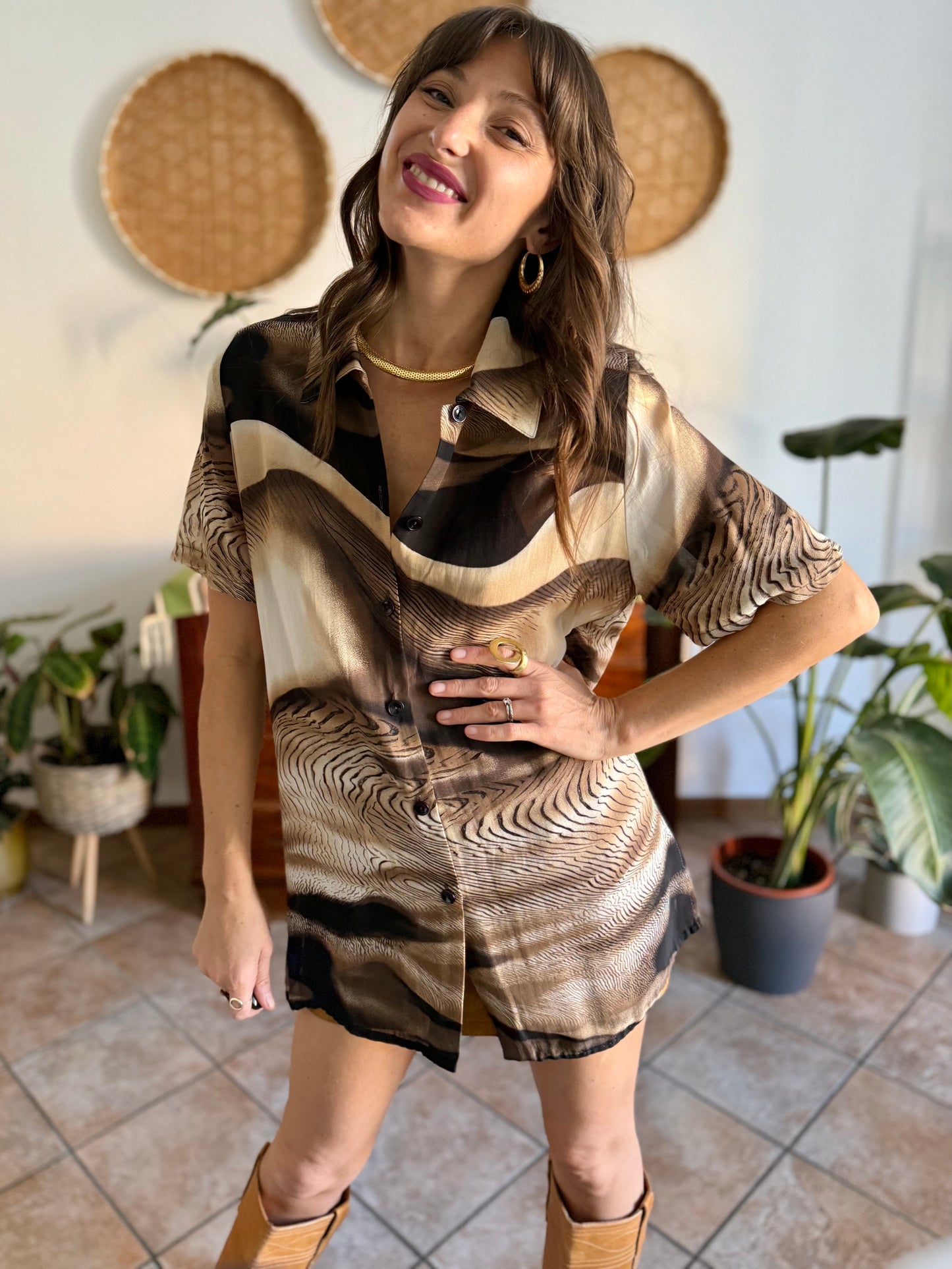 1970's vintage multitonal brown animal print sheer oversize blouse