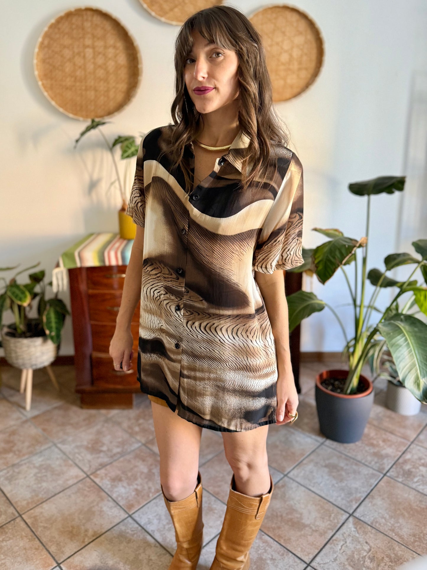 1970's vintage multitonal brown animal print sheer oversize blouse