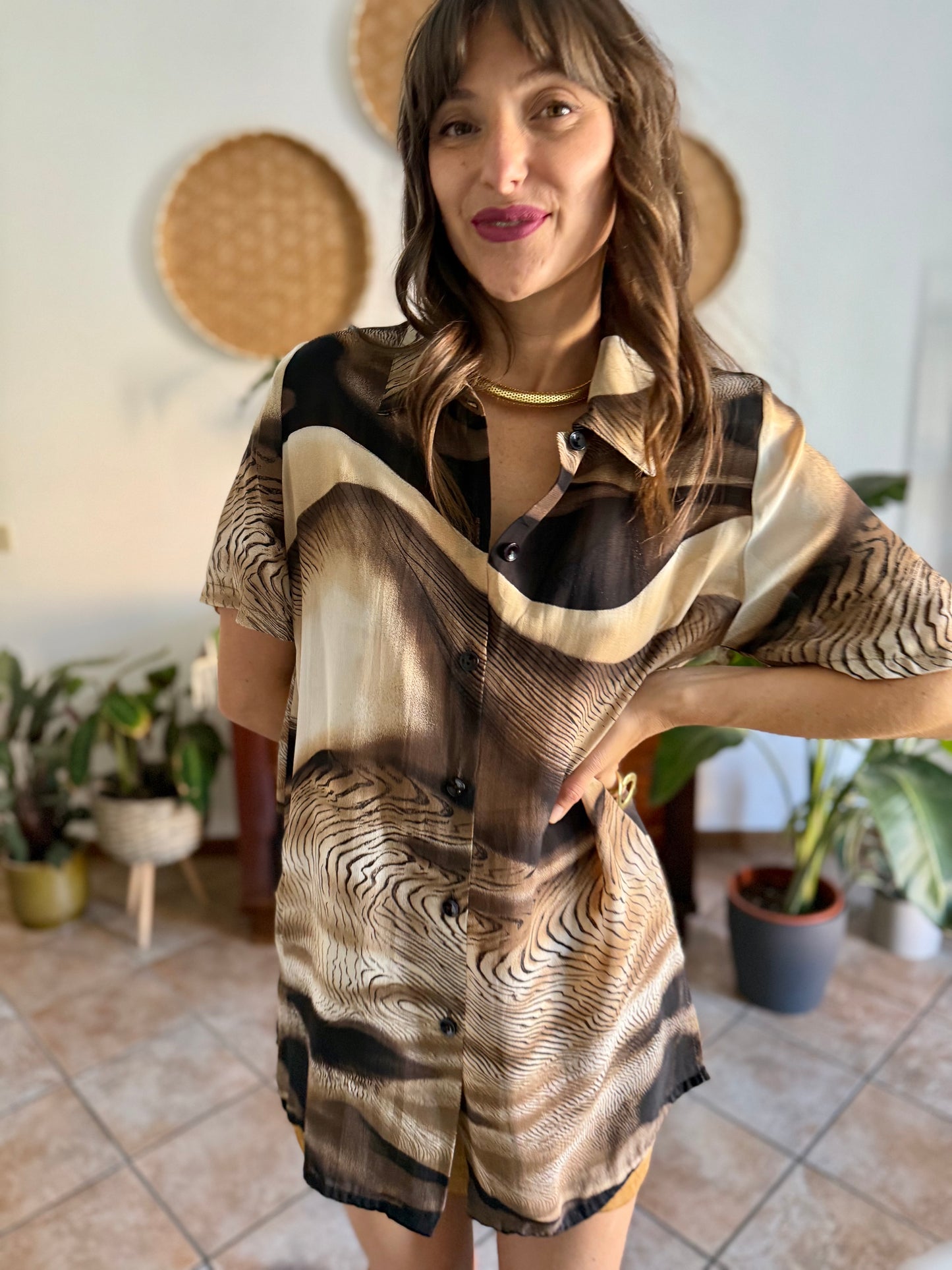 1970's vintage multitonal brown animal print sheer oversize blouse