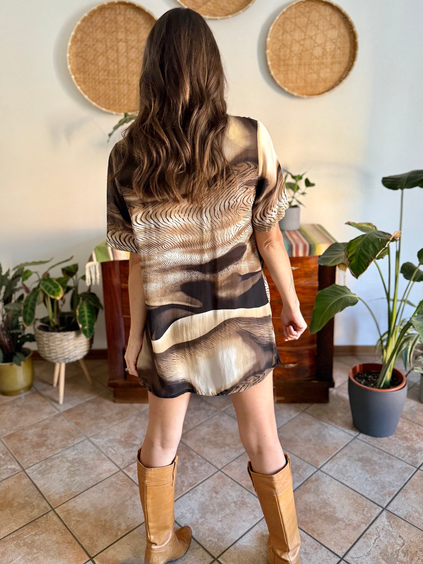 1970's vintage multitonal brown animal print sheer oversize blouse