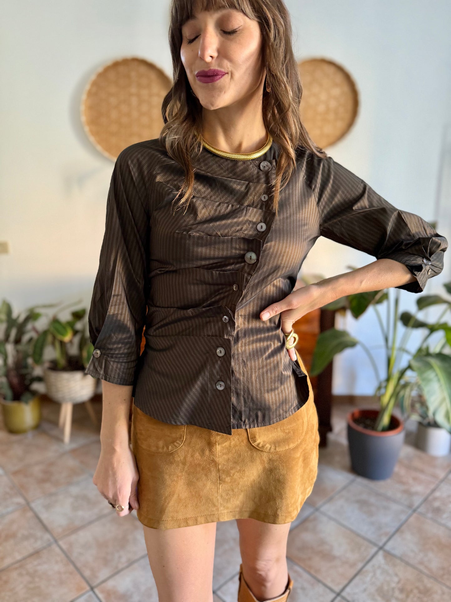 Y2k vintage chocolate brown and light blue tripe silk blouse with asymmetrical pleated and mother of pearl button closure