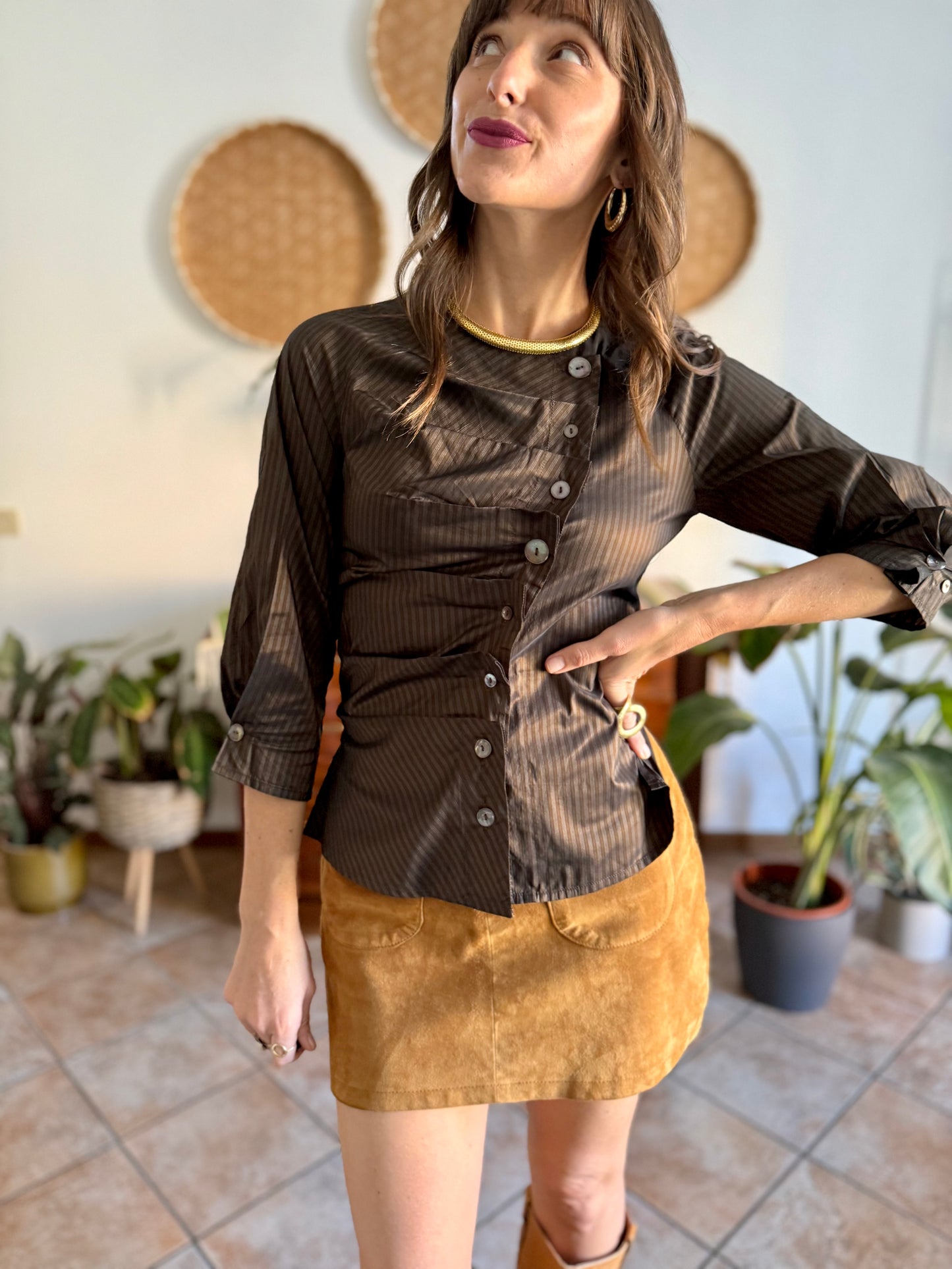 Y2k vintage chocolate brown and light blue tripe silk blouse with asymmetrical pleated and mother of pearl button closure
