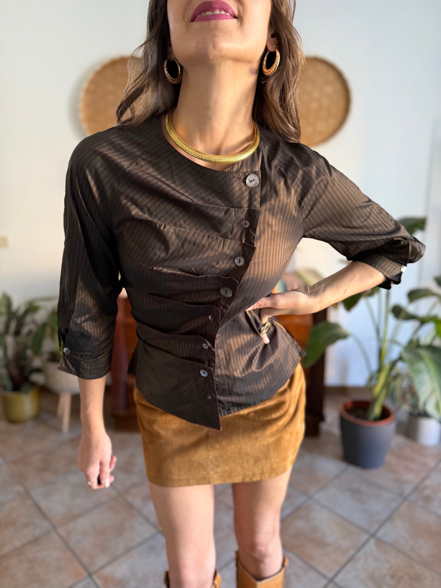 Y2k vintage chocolate brown and light blue tripe silk blouse with asymmetrical pleated and mother of pearl button closure