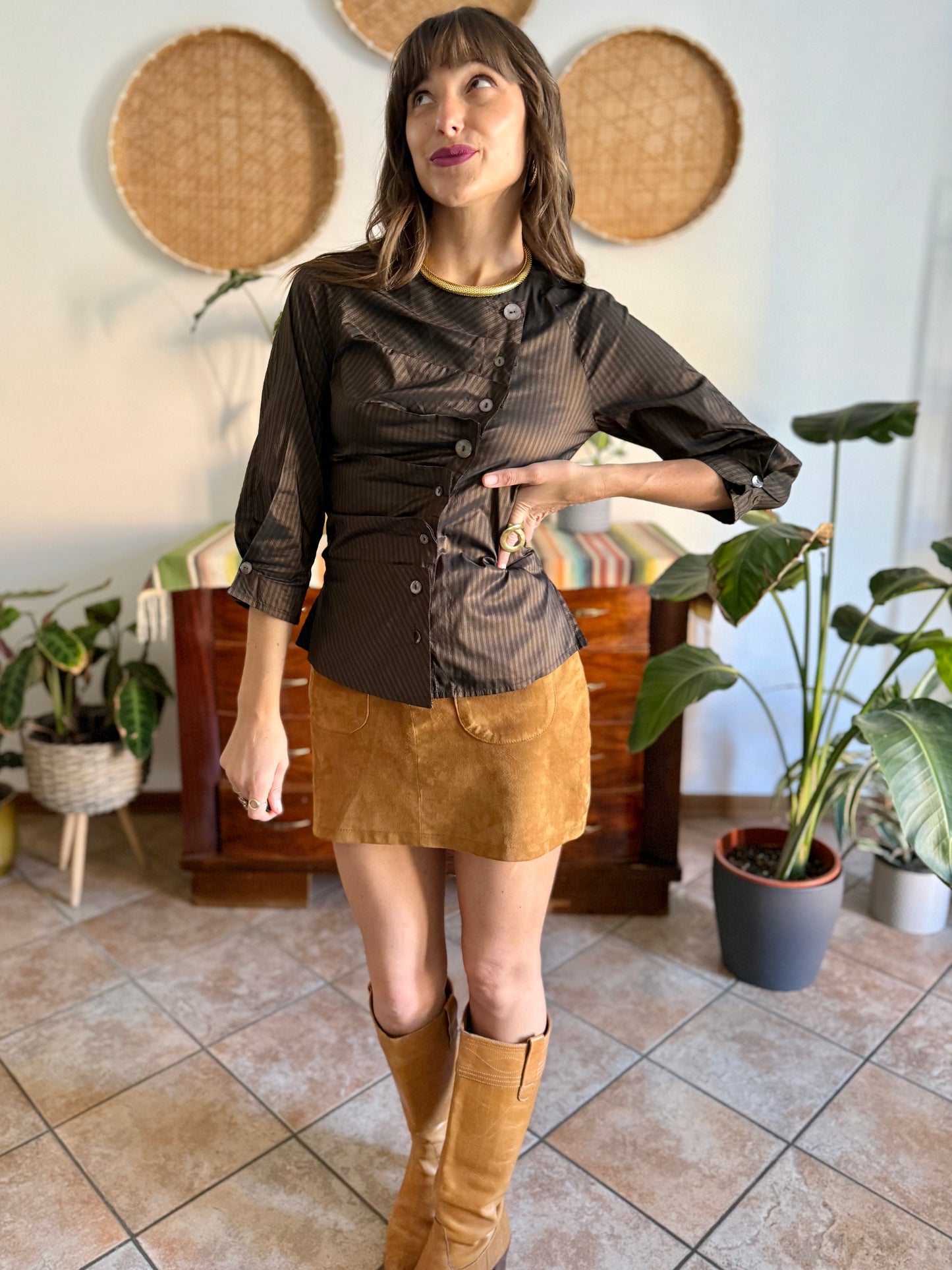 Y2k vintage chocolate brown and light blue tripe silk blouse with asymmetrical pleated and mother of pearl button closure