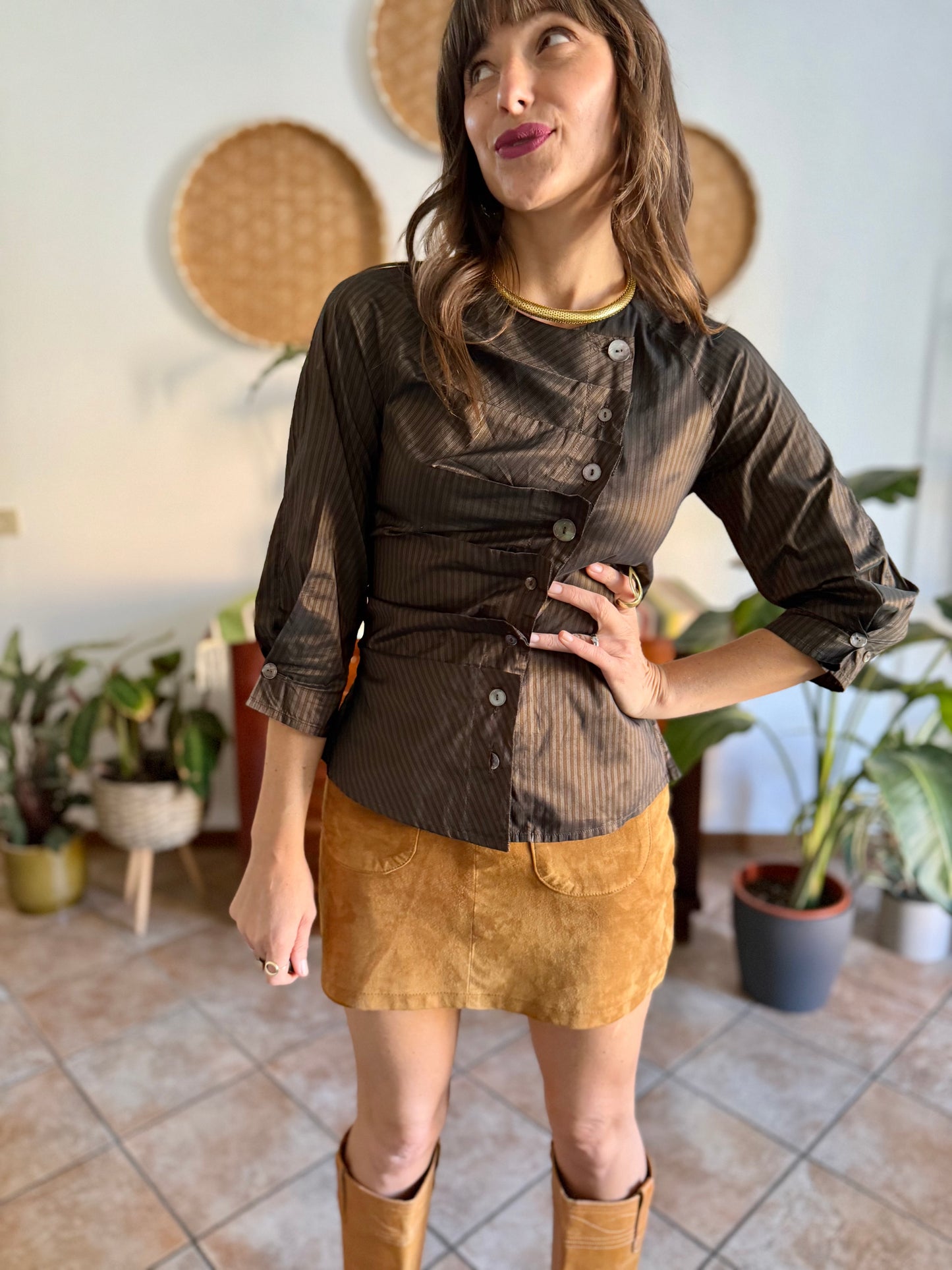 Y2k vintage chocolate brown and light blue tripe silk blouse with asymmetrical pleated and mother of pearl button closure