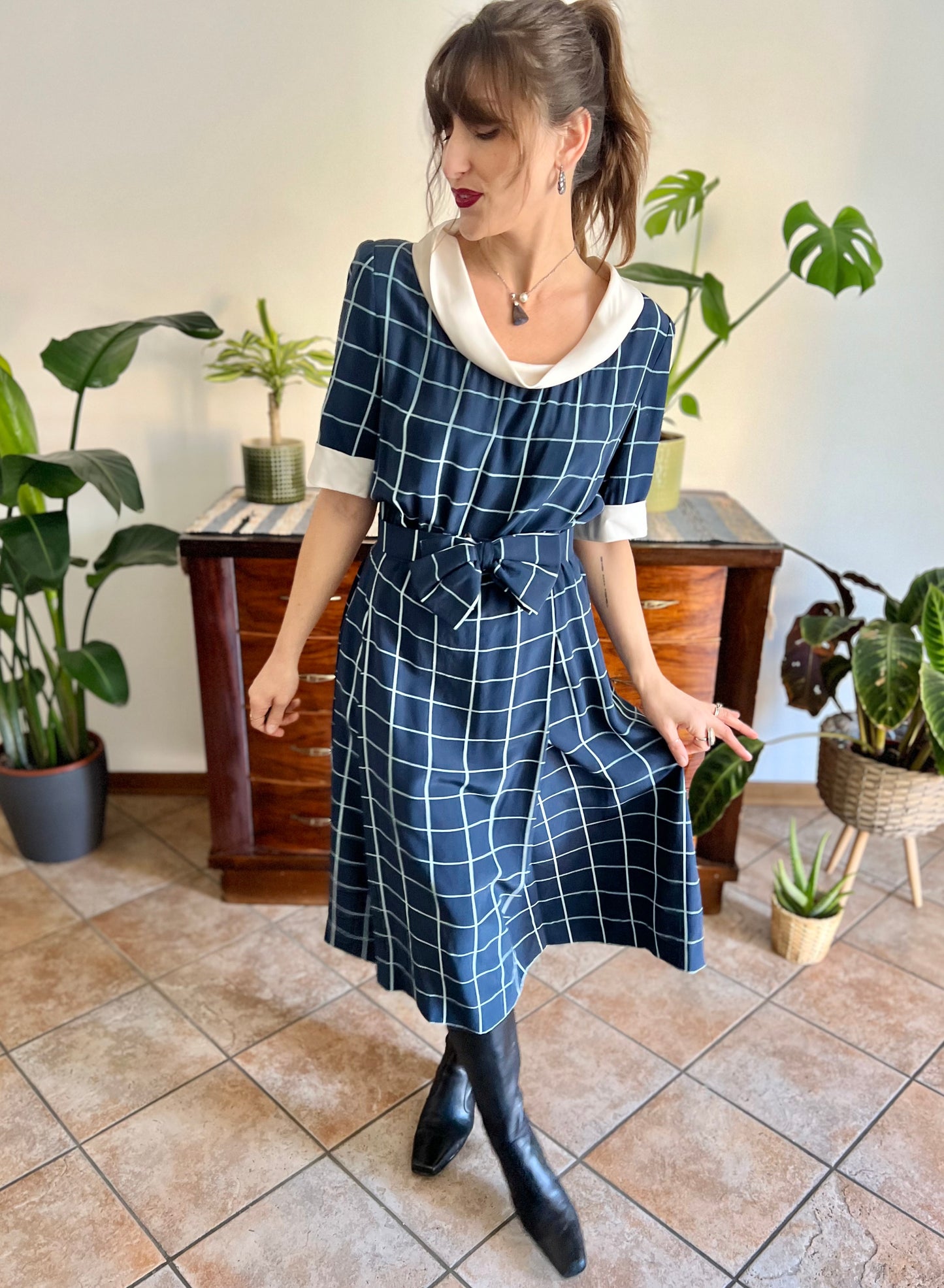 1950's vintage blue plaid hand tailored silk pleated midi dress with matching bow belt