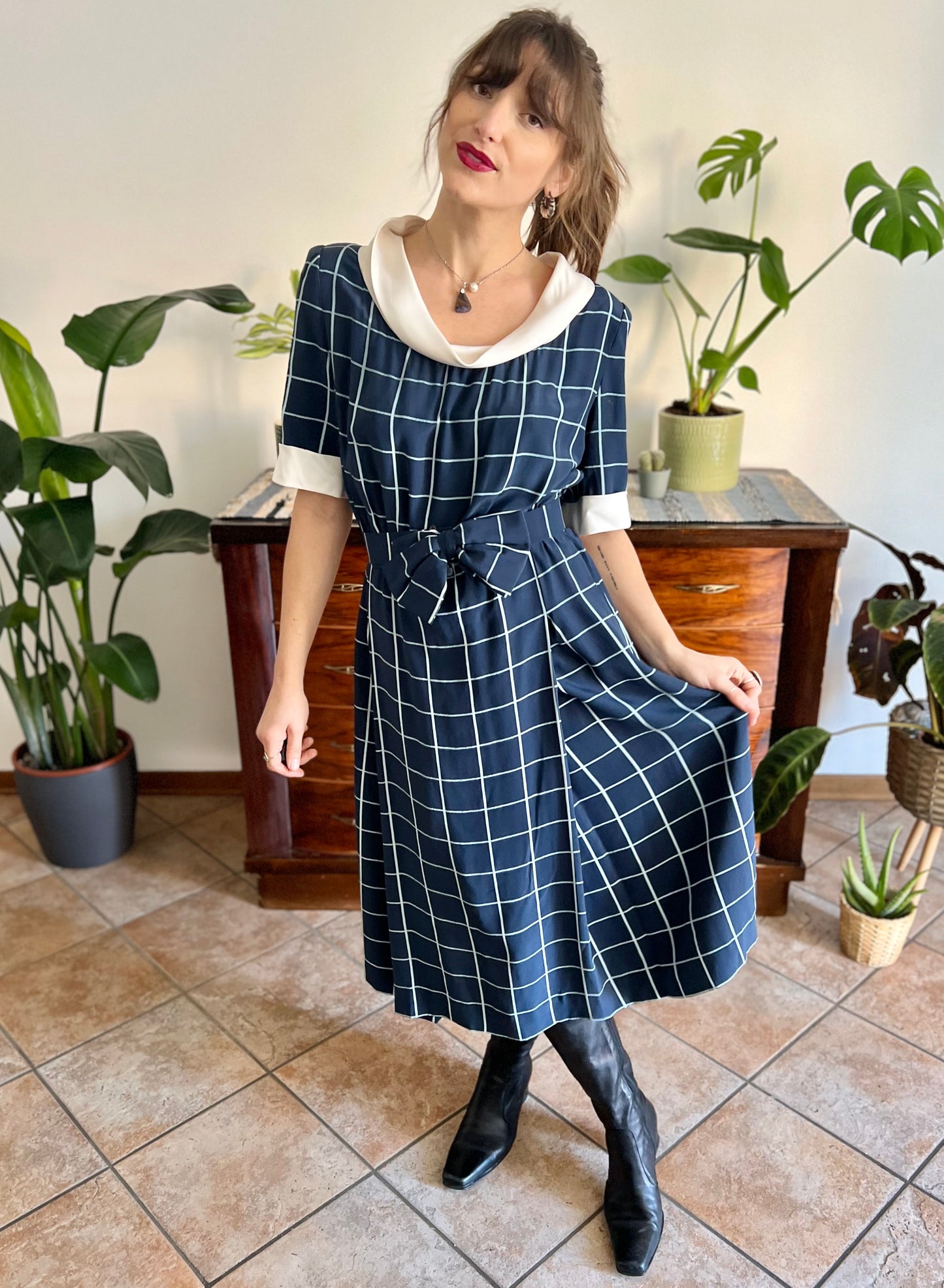 1950's vintage blue plaid hand tailored silk pleated midi dress with matching bow belt