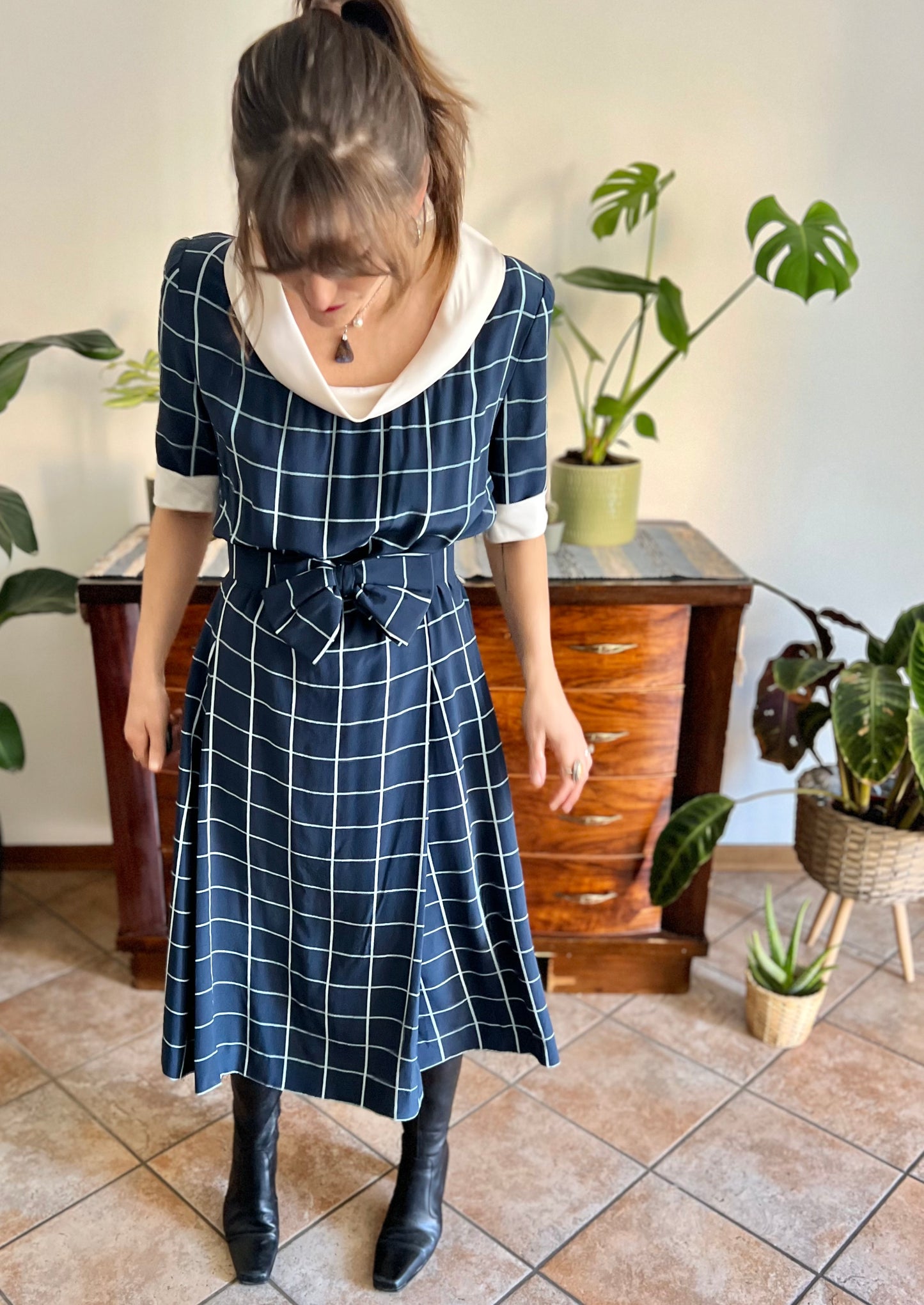 1950's vintage blue plaid hand tailored silk pleated midi dress with matching bow belt