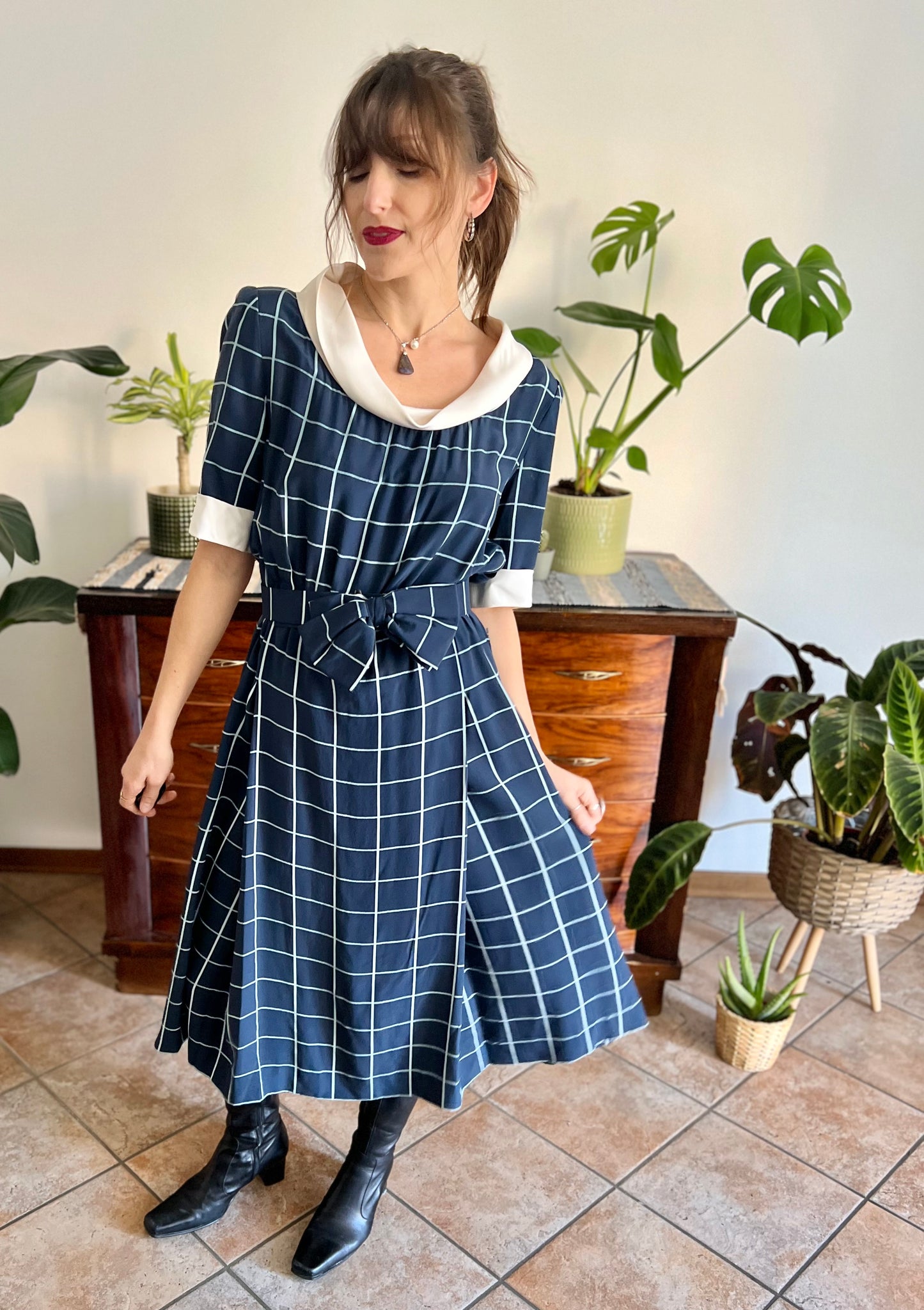 1950's vintage blue plaid hand tailored silk pleated midi dress with matching bow belt