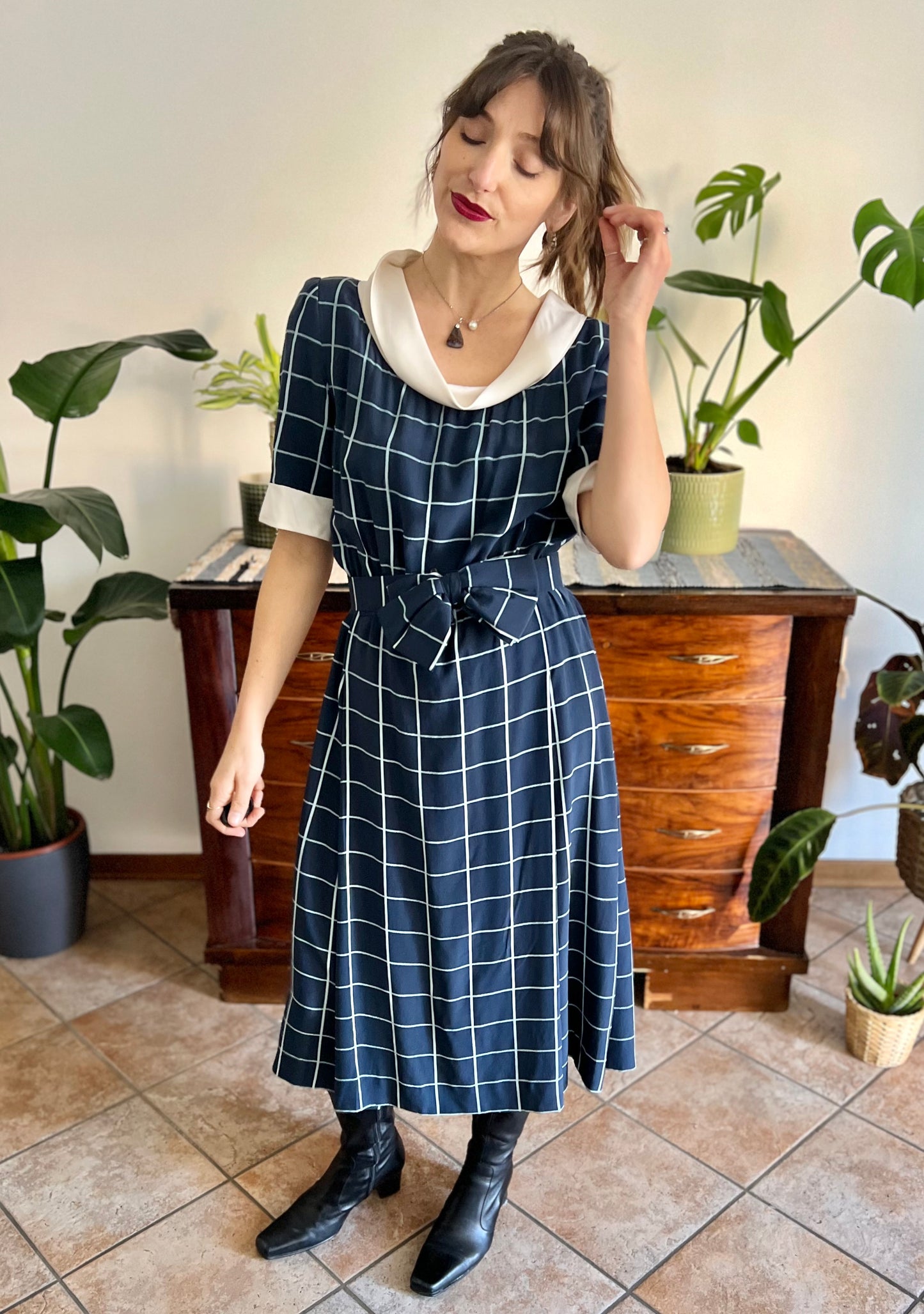 1950's vintage blue plaid hand tailored silk pleated midi dress with matching bow belt